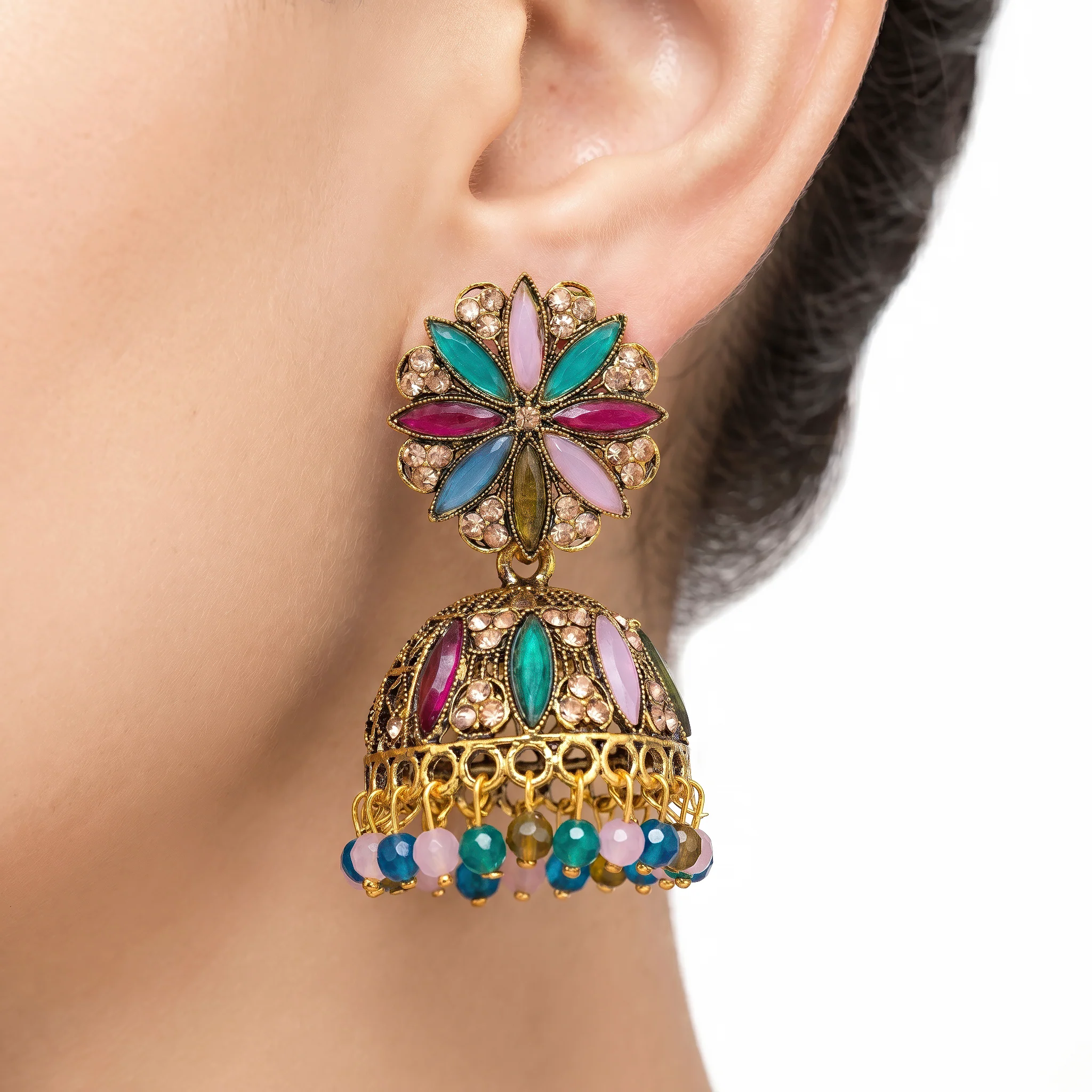 PRAO Earrings Anti-Tarnish Floral Pattern Stone Jhumka