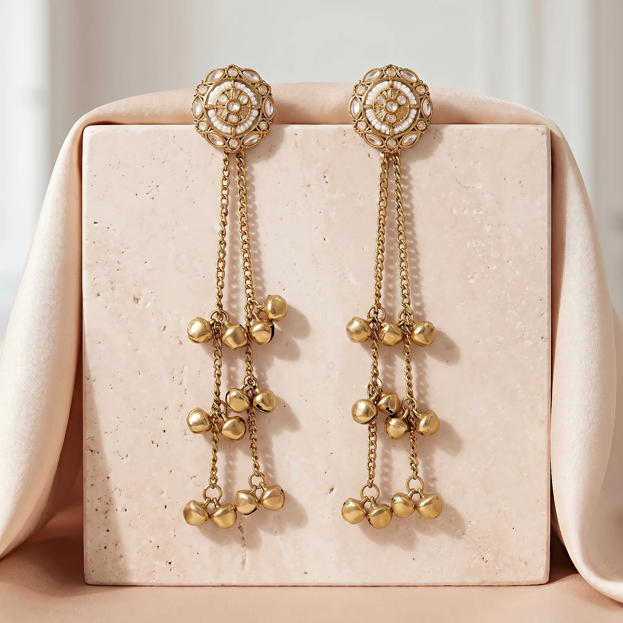 PRAO Earrings Anti-Tarnish Long Kashmiri Chain Bell - Image 4