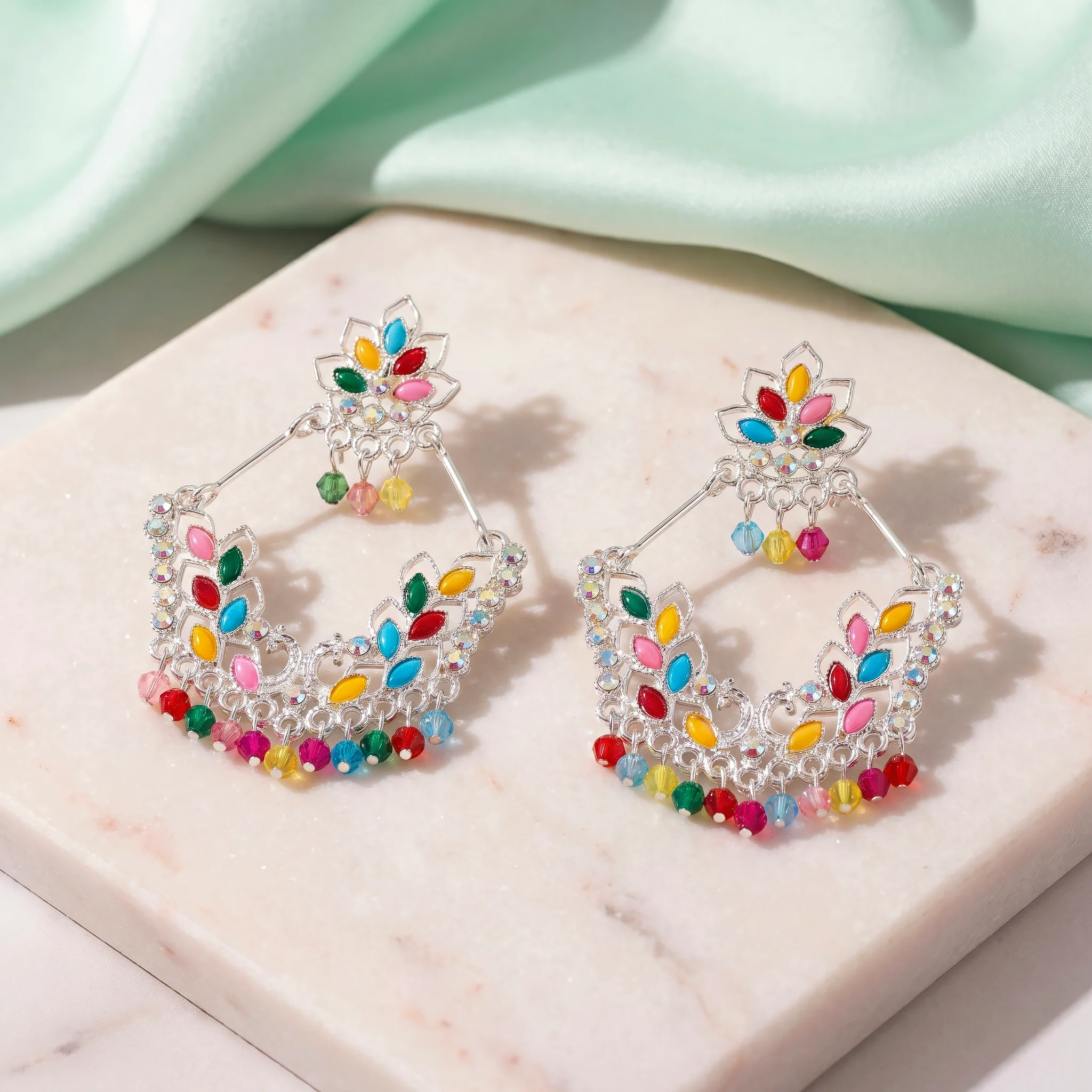 PRAO Earrings Anti-Tarnish Multi-Color Stone Hoops With Bead Charms - Image 4