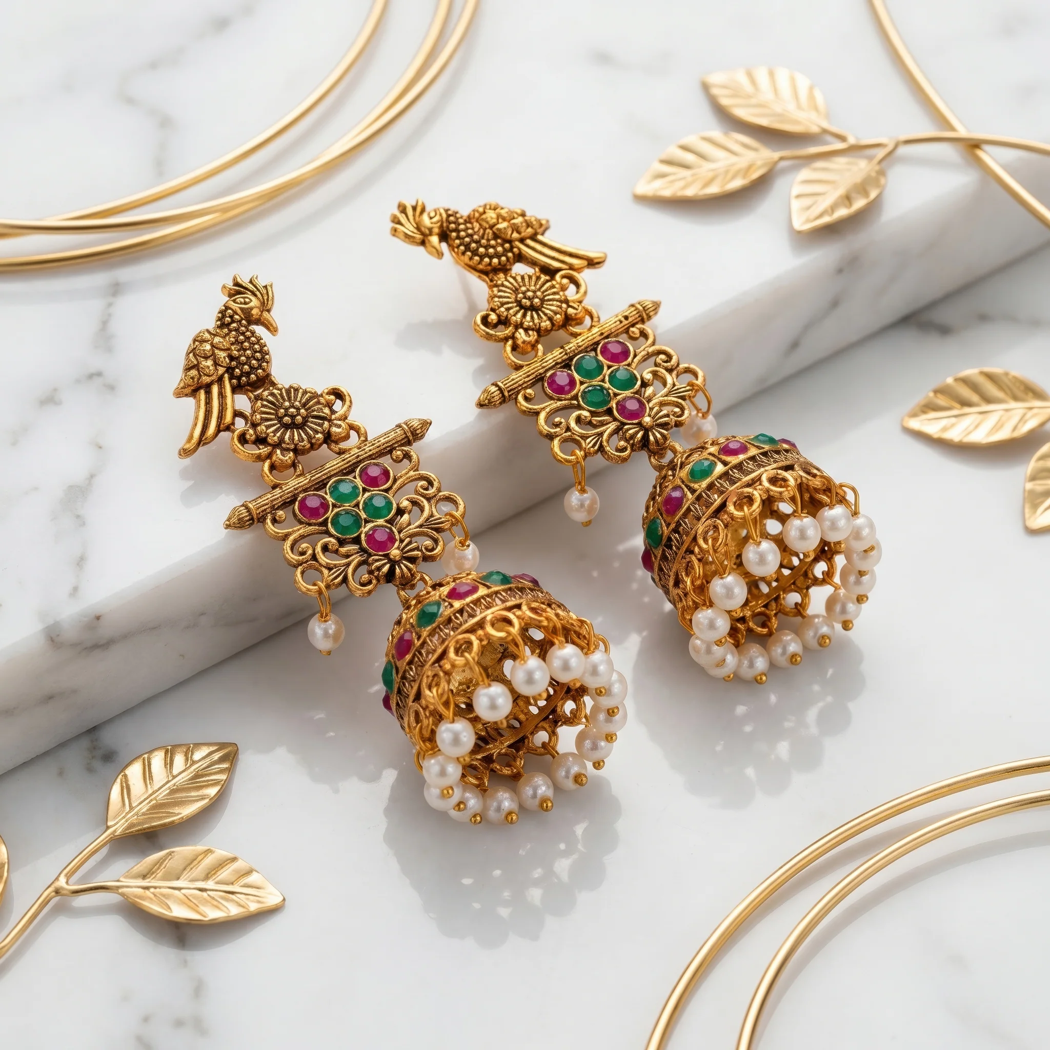 PRAO Earrings Anti-Tarnish Parrot & Floral Stone Jhumka - Image 4