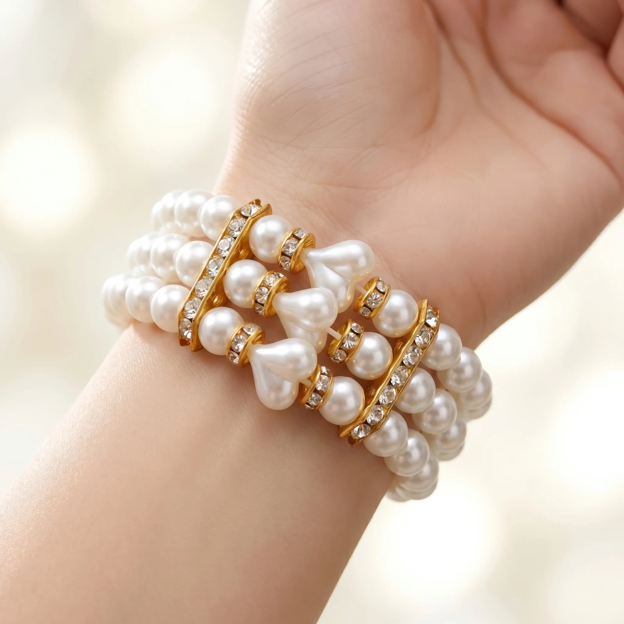 PRAO Bracelet Anti-Tarnish Triple-Strand Pearl Charm (Adjustable Size)