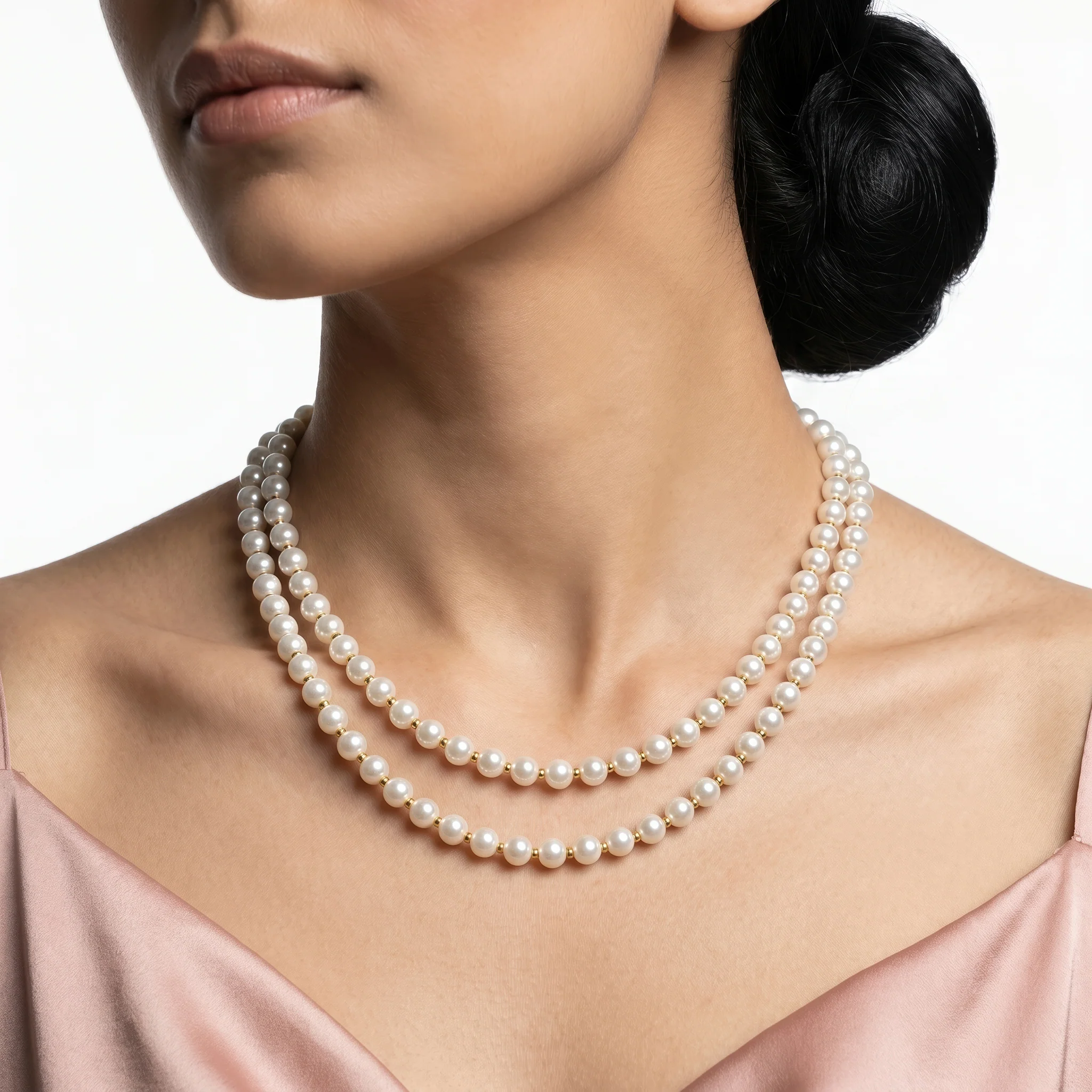 PRAO Necklace Anti-Tarnish Double-Line Pearl - Image 3