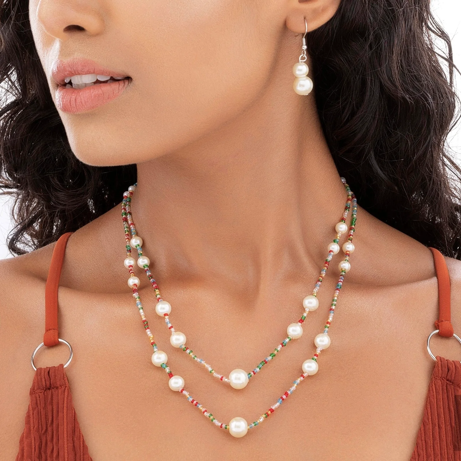 PRAO Necklace Exquisite Double Layer Bead & Pearl Set With Earrings