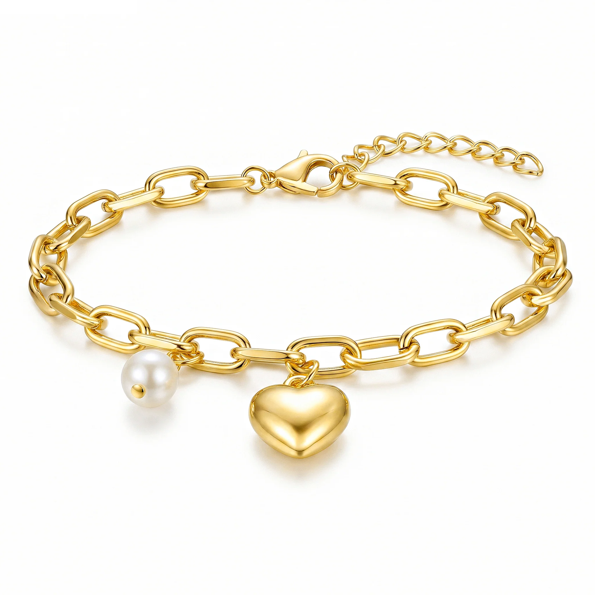 PRAO Bracelet Anti-Tarnish Pearl & Golden Heart Charm (Adjustable Size)