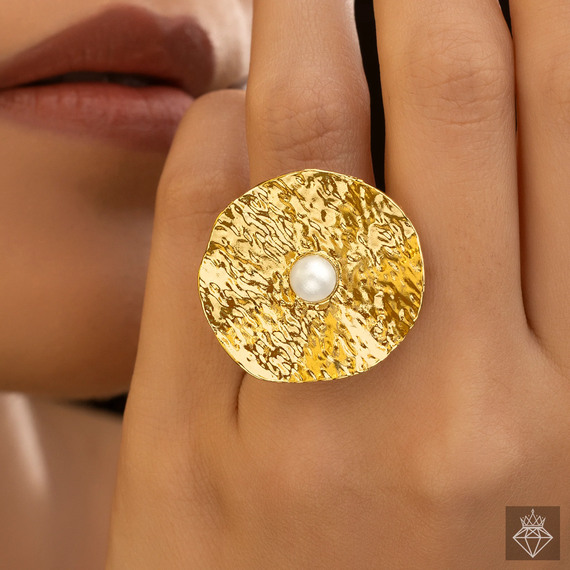 PRAO Ring Anti-Tarnish Hammered Pearl (Adjustable Size) - Image 2