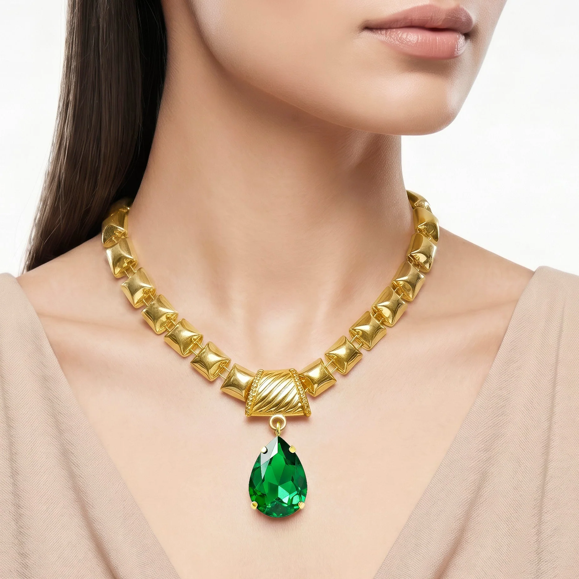 PRAO Necklace Anti-Tarnish Gold Plated Emerald Green Crystal - Image 3