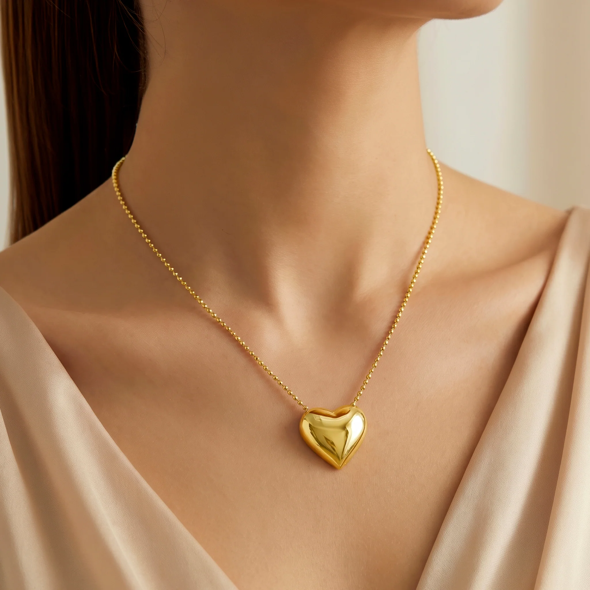 PRAO Necklace Anti-Tarnish Puffy Heart Pendant - Image 2