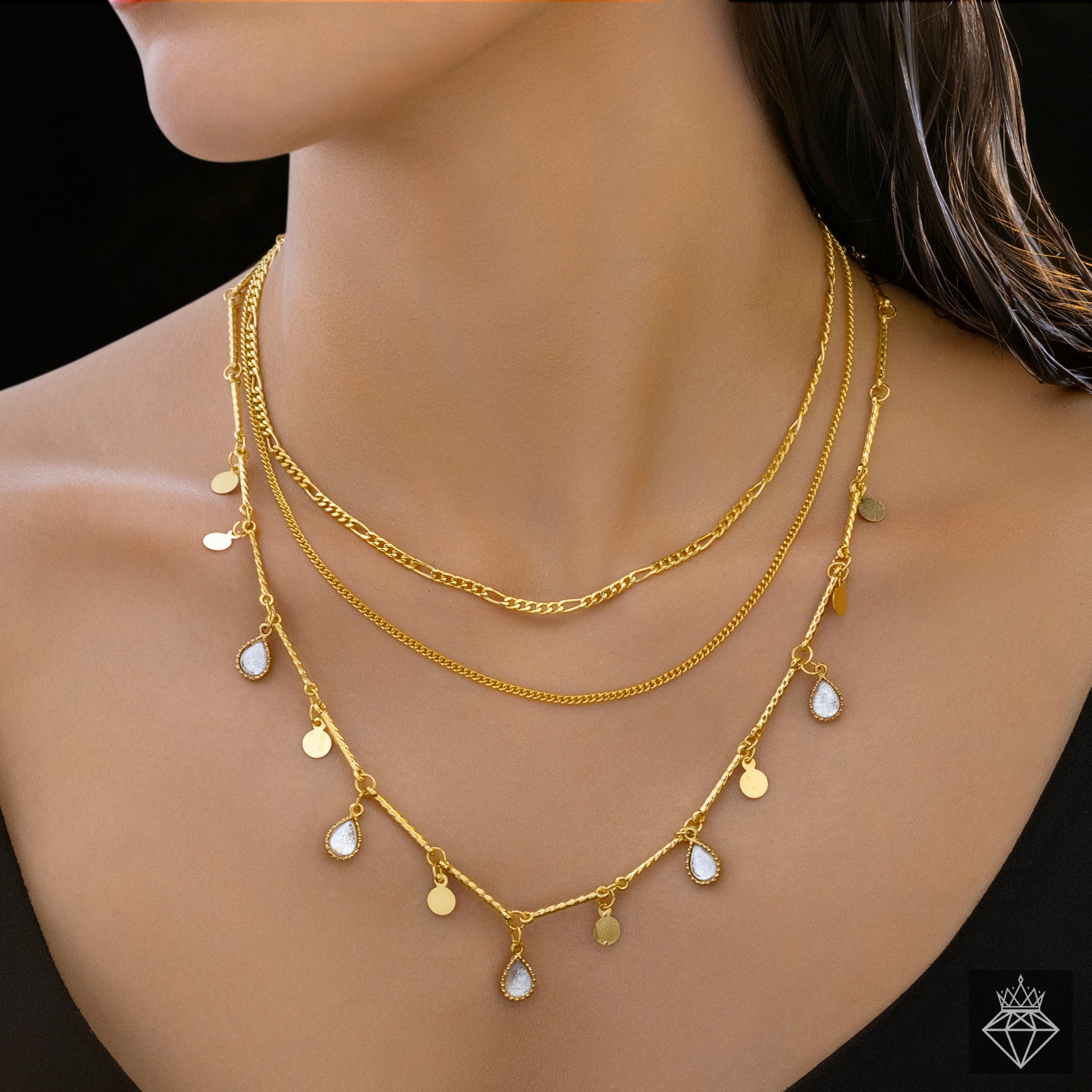 PRAO Necklace Anti-Tarnish Triple Layer Golden Chain & Charms - Image 3