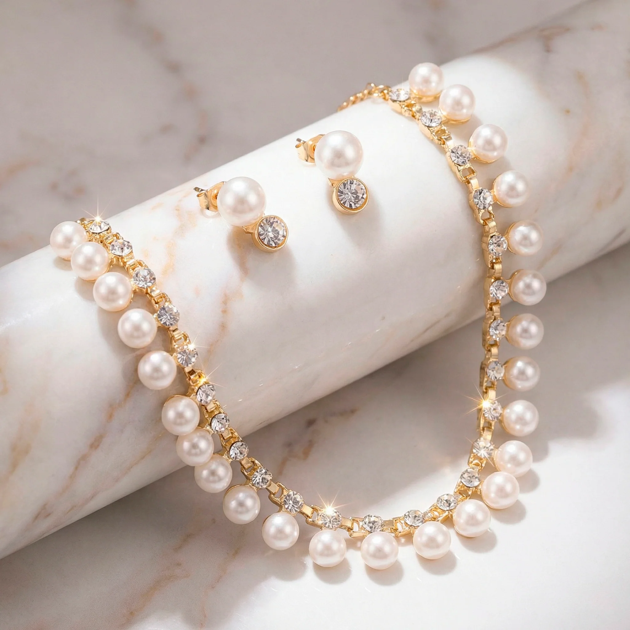 PRAO Necklace Anti-Tarnish Pearl & Crystal Studded Statement Set with Earrings - Image 3