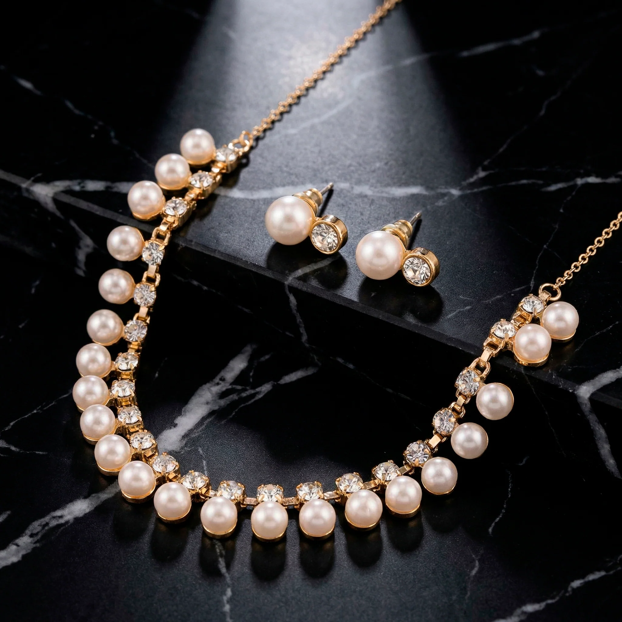 PRAO Necklace Anti-Tarnish Pearl & Crystal Studded Statement Set with Earrings - Image 5