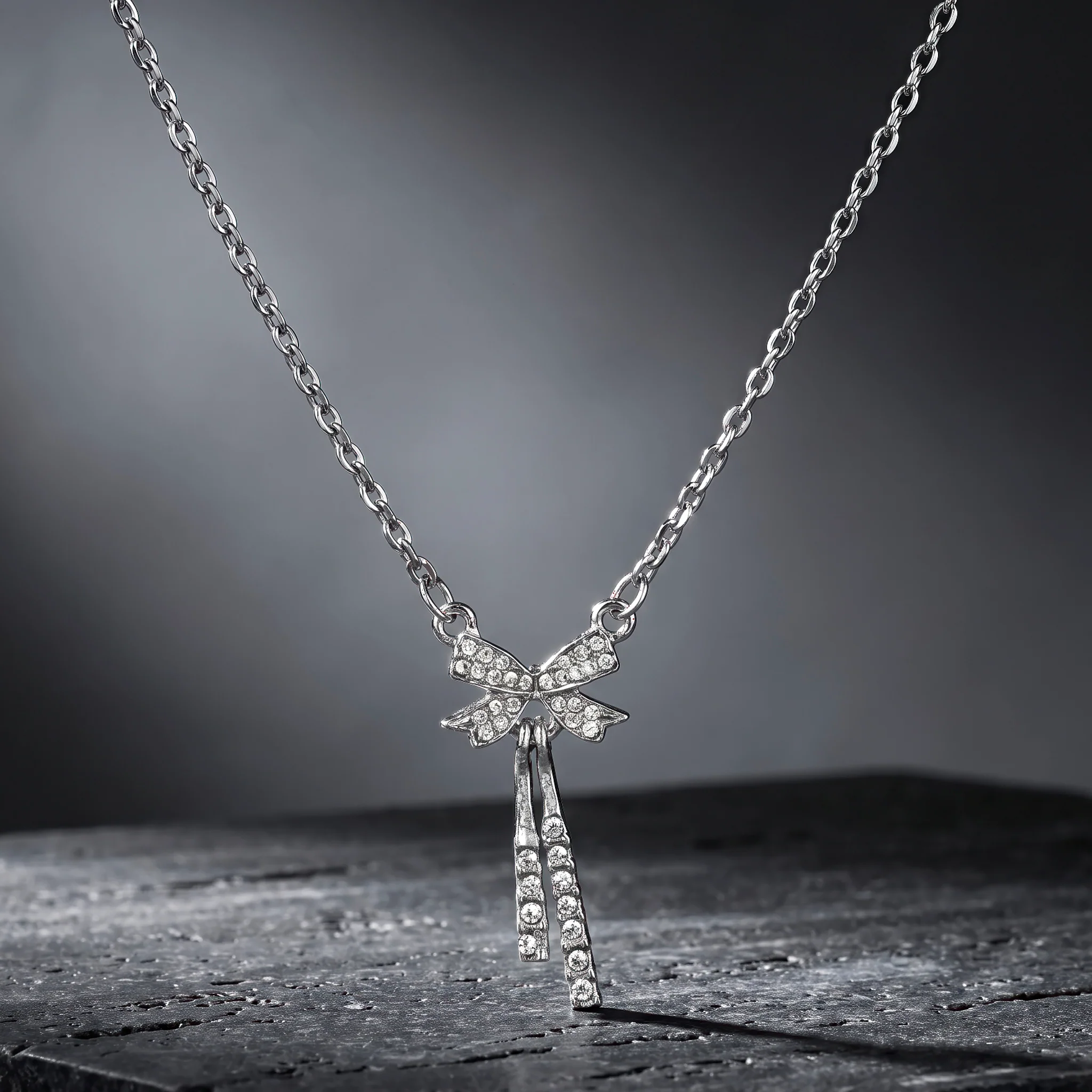PRAO Necklace Anti-Tarnish Silver Bow Crystal - Image 4