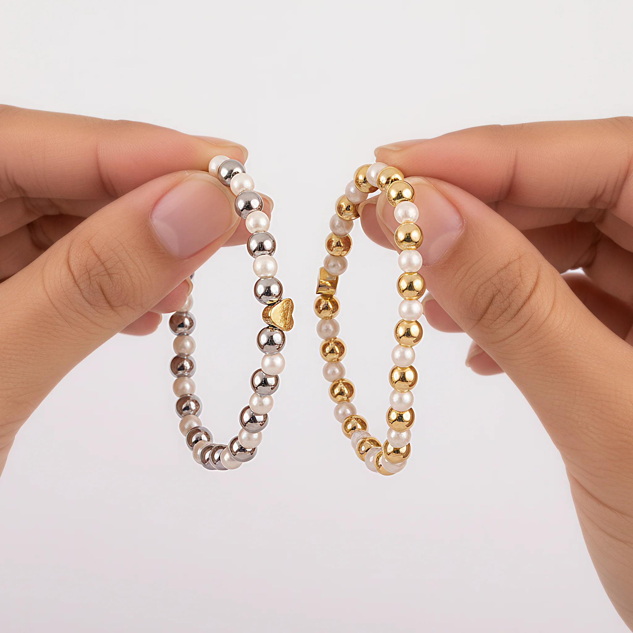 PRAO 2 Bracelets Anti-Tarnish Stretchable with Pearl & Heart Charm (Adjustable Size) - Image 4