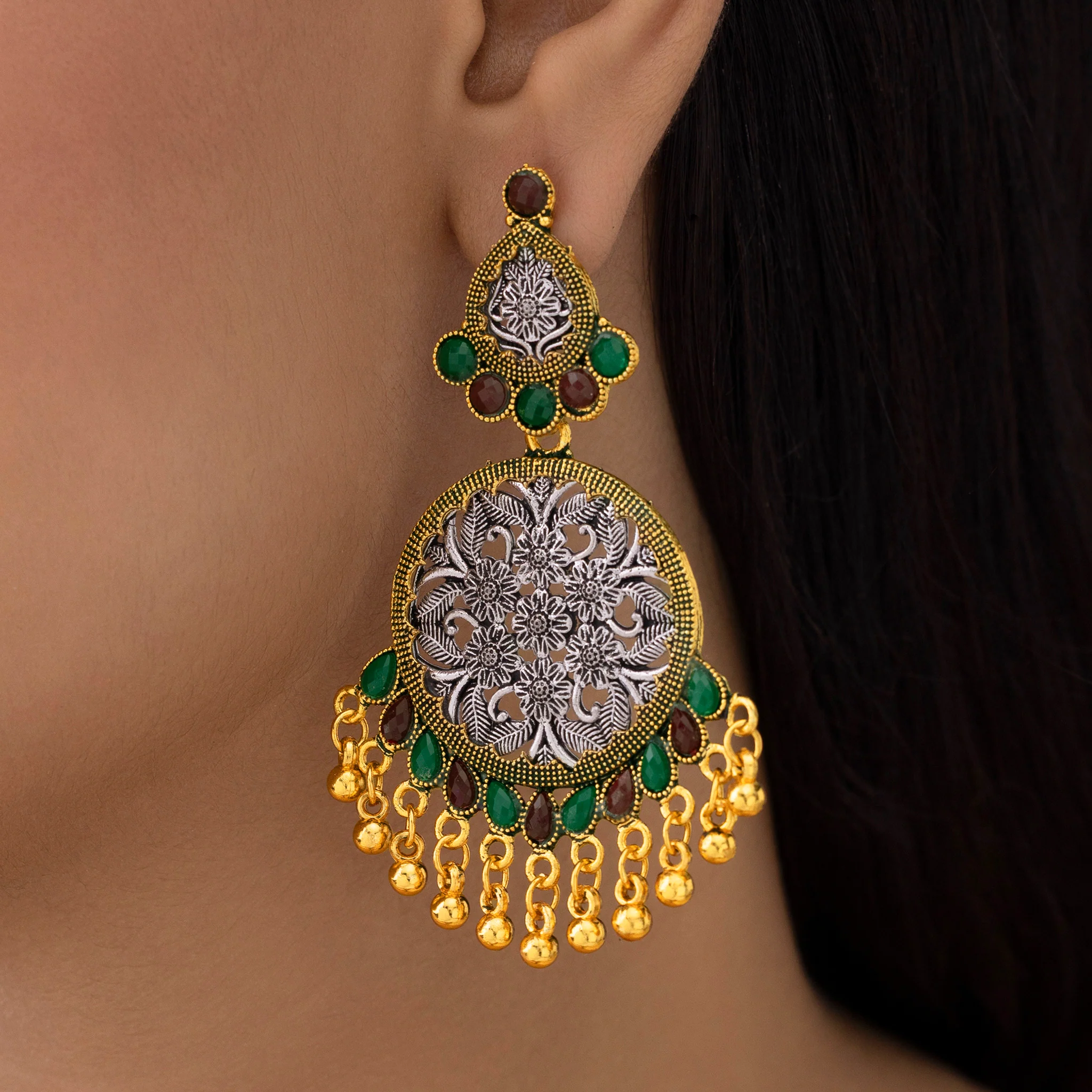 PRAO Earrings Anti-Tarnish Dual-Tone Ethnic Statement with Ghungroos Danglers - Image 2