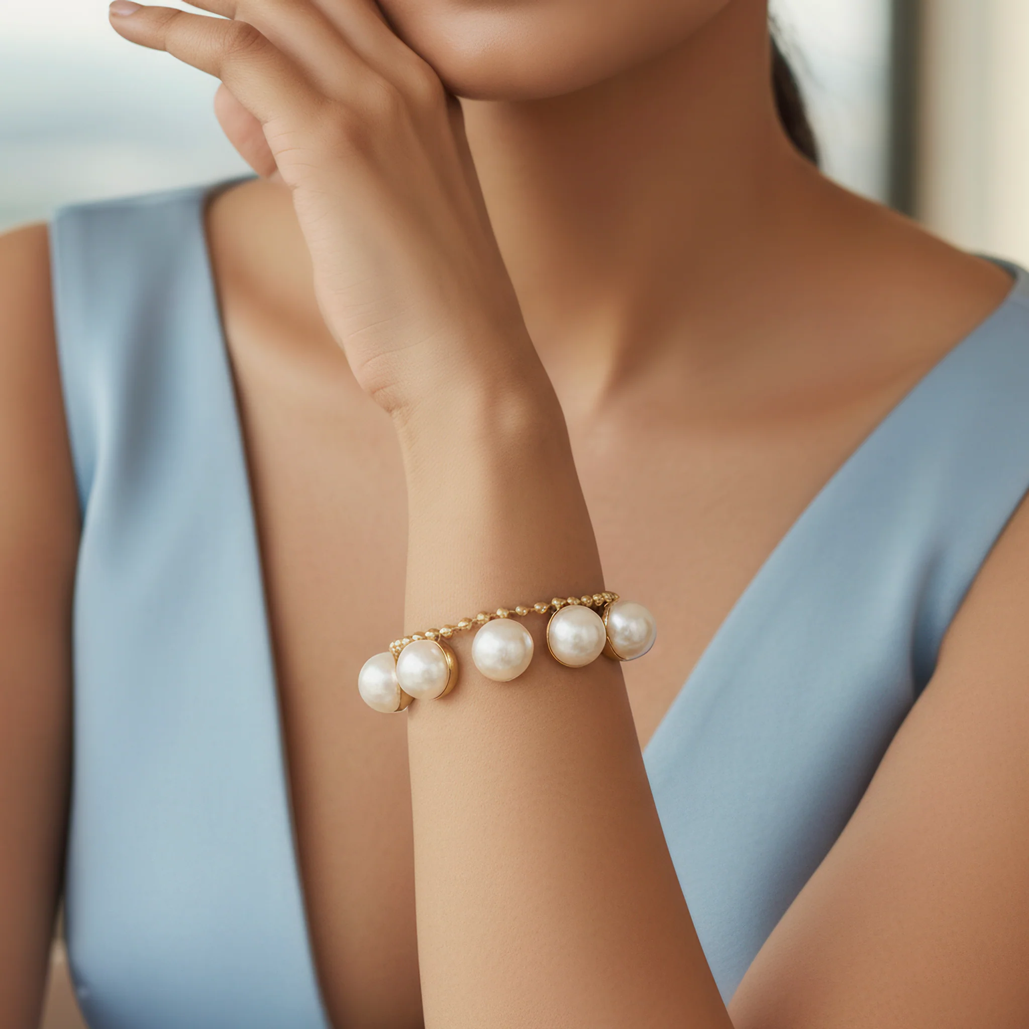 PRAO Bracelet Anti-Tarnish Studded Pearl Golden Chain (Adjustable Size) - Image 4