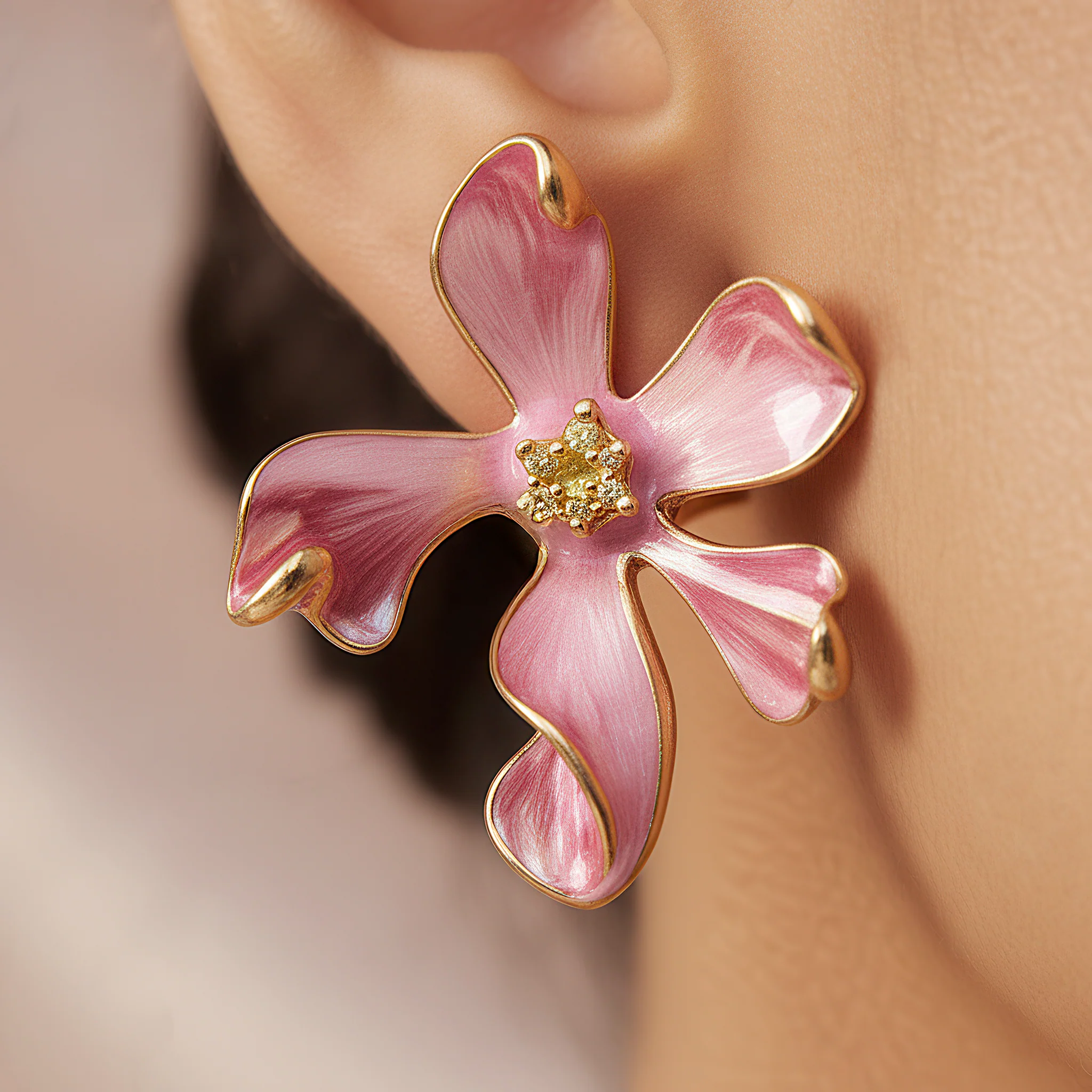 PRAO Earrings Anti-Tarnish Pink Enamel Lily Flower Studs - Image 2