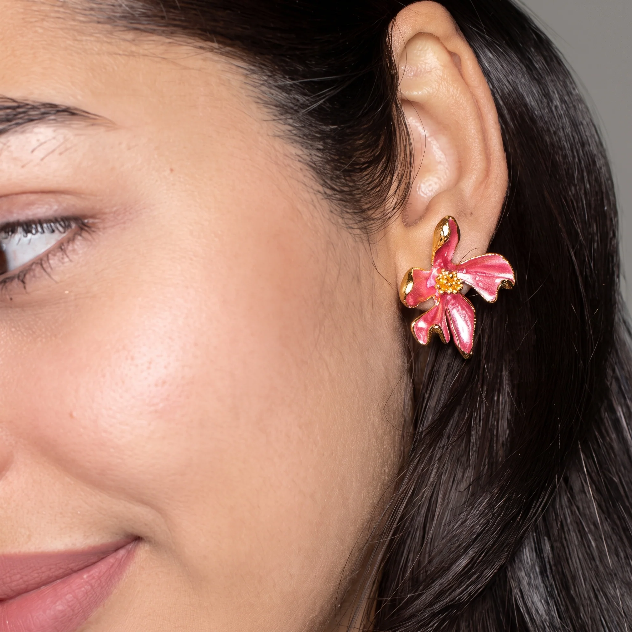 PRAO Earrings Anti-Tarnish Pink Enamel Lily Flower Studs - Image 8