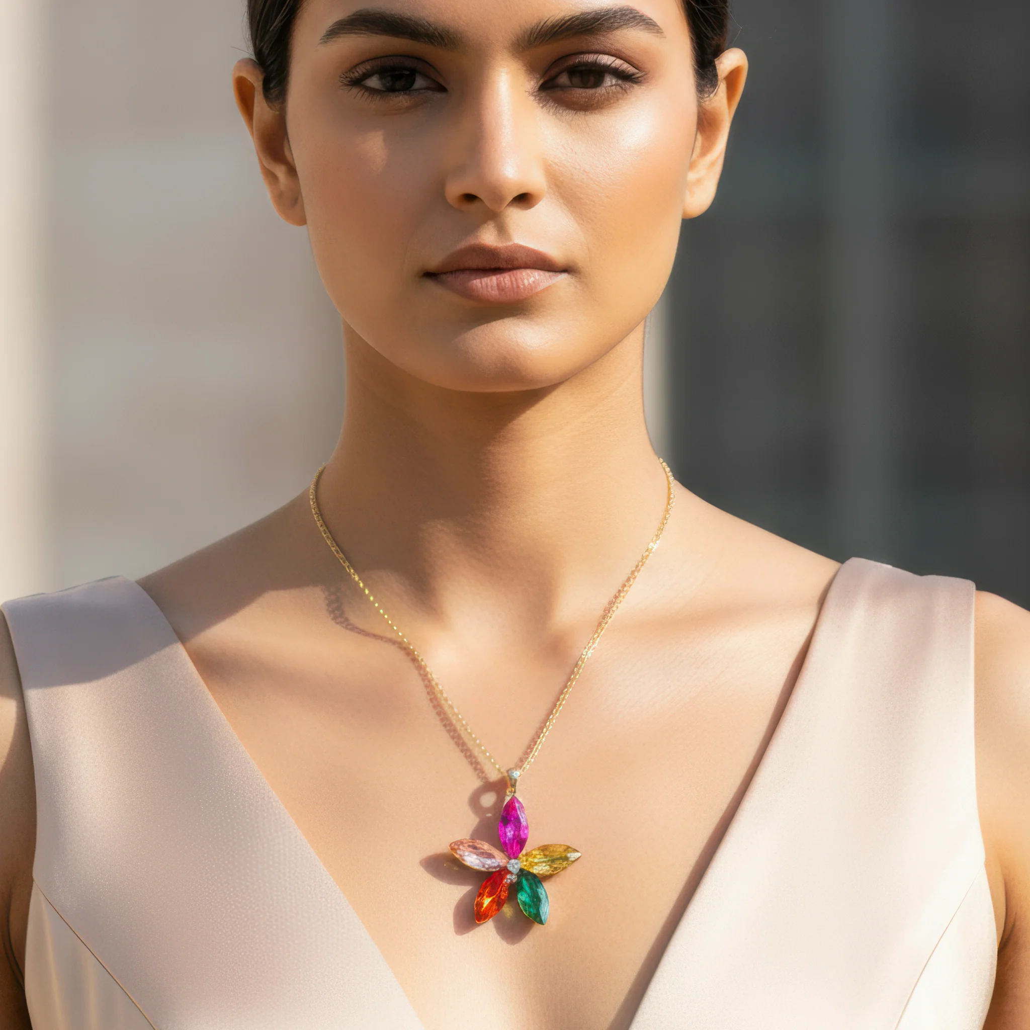 PRAO Necklace Anti-Tarnish Multicolor Crystal Flower Pendant - Image 4