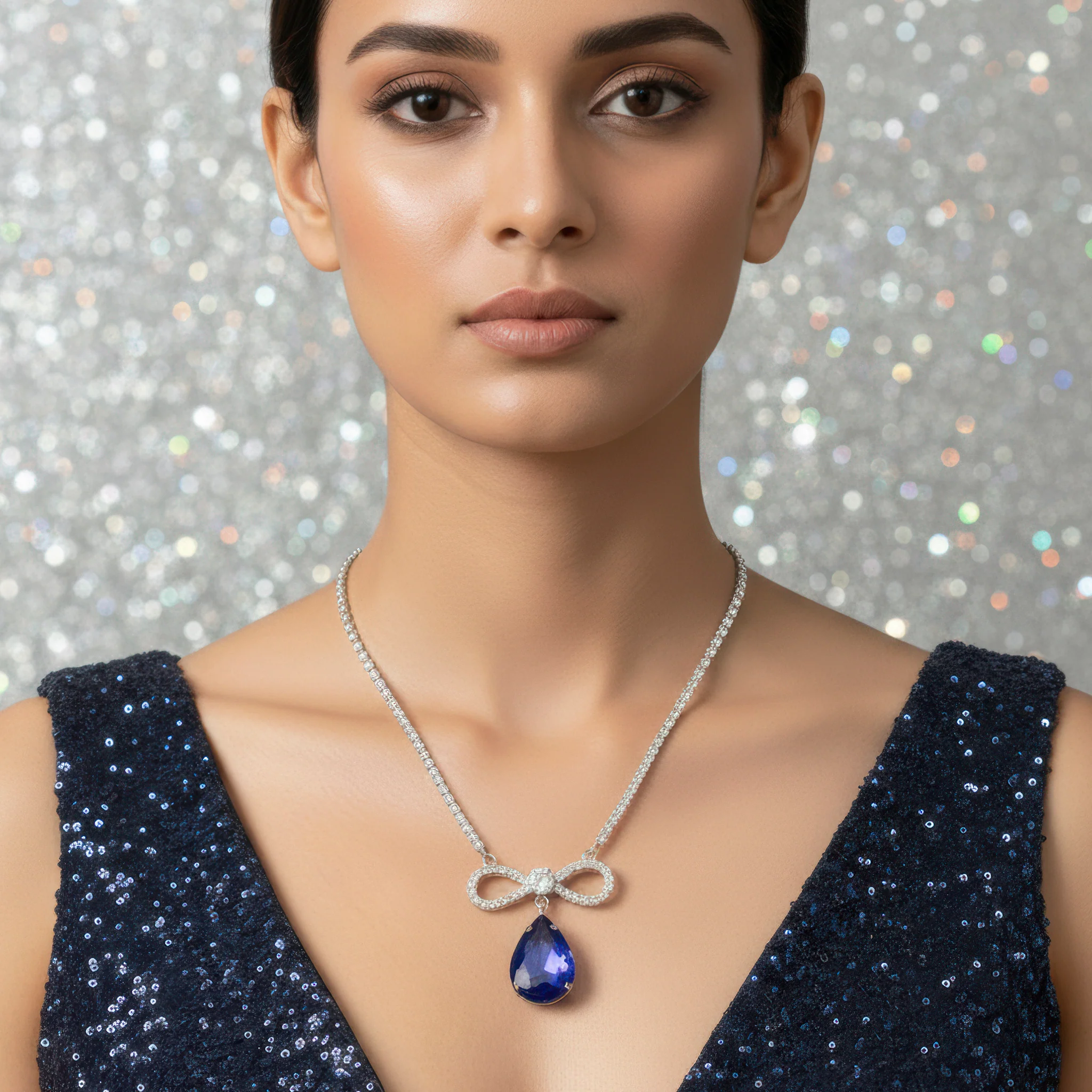 PRAO Necklace Anti-Tarnish Crystal Studded INFINITY Blue Sapphire Pendant - Image 3