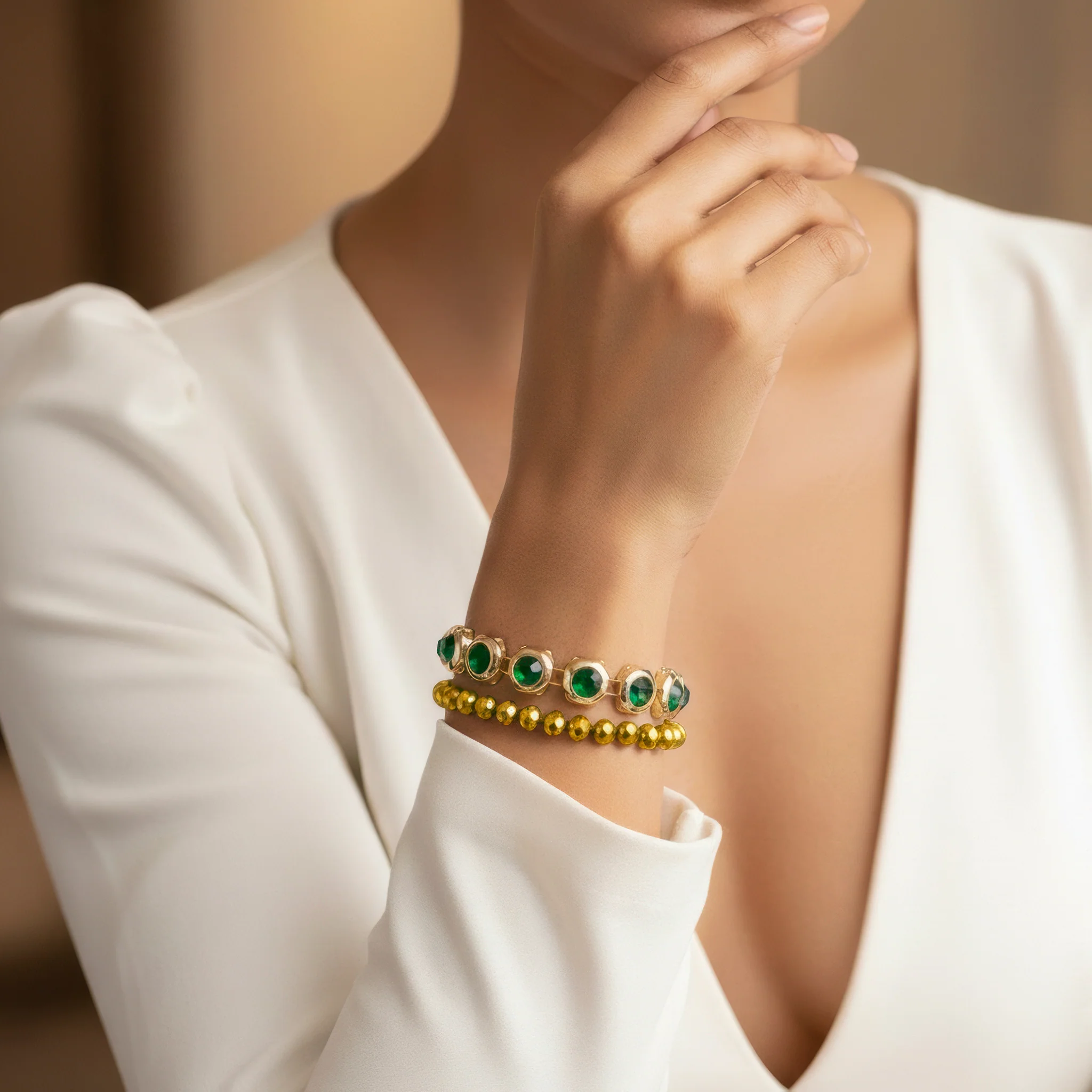 PRAO 2 Bracelets Anti-Tarnish Gold Plated Emerald Set (Adjustable Size) - Image 3