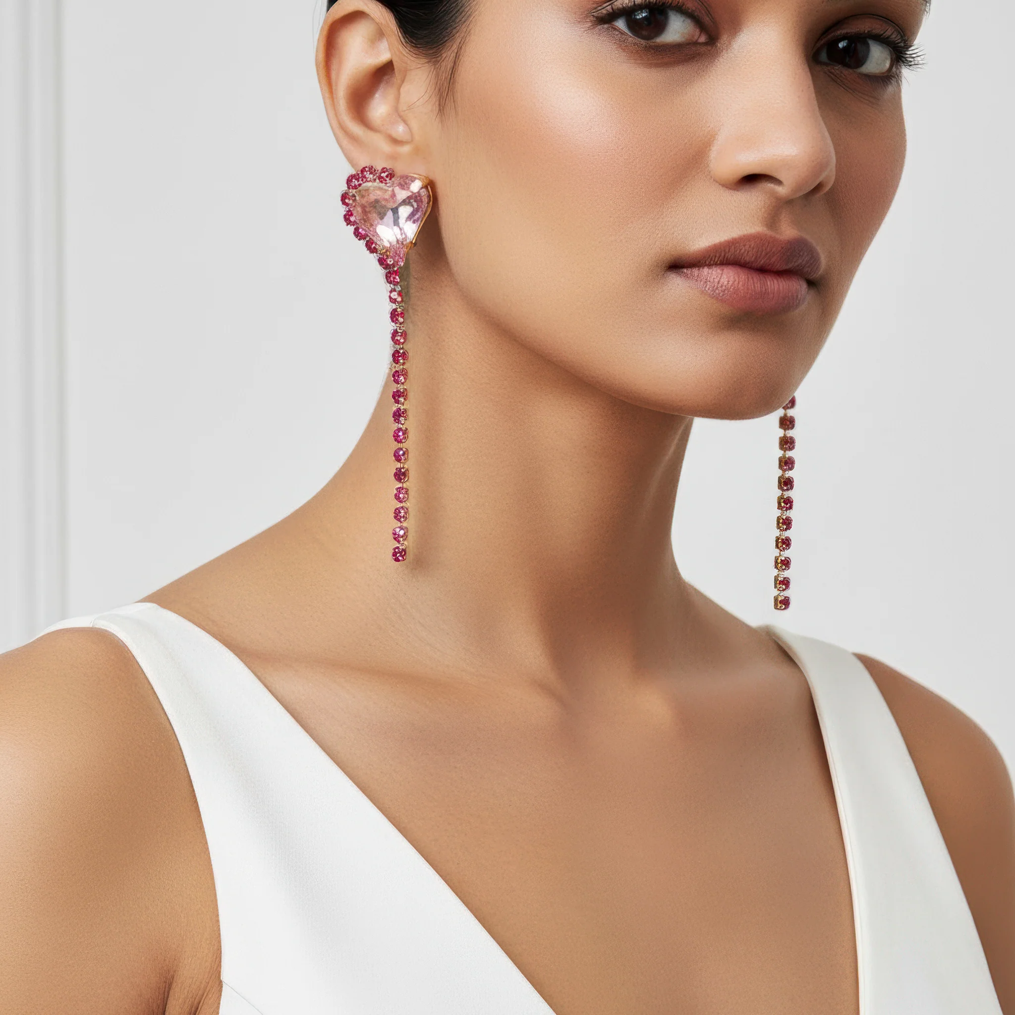 PRAO Earrings Anti-Tarnish Rhinestone Chain with Heart Crystal Danglers - Image 4