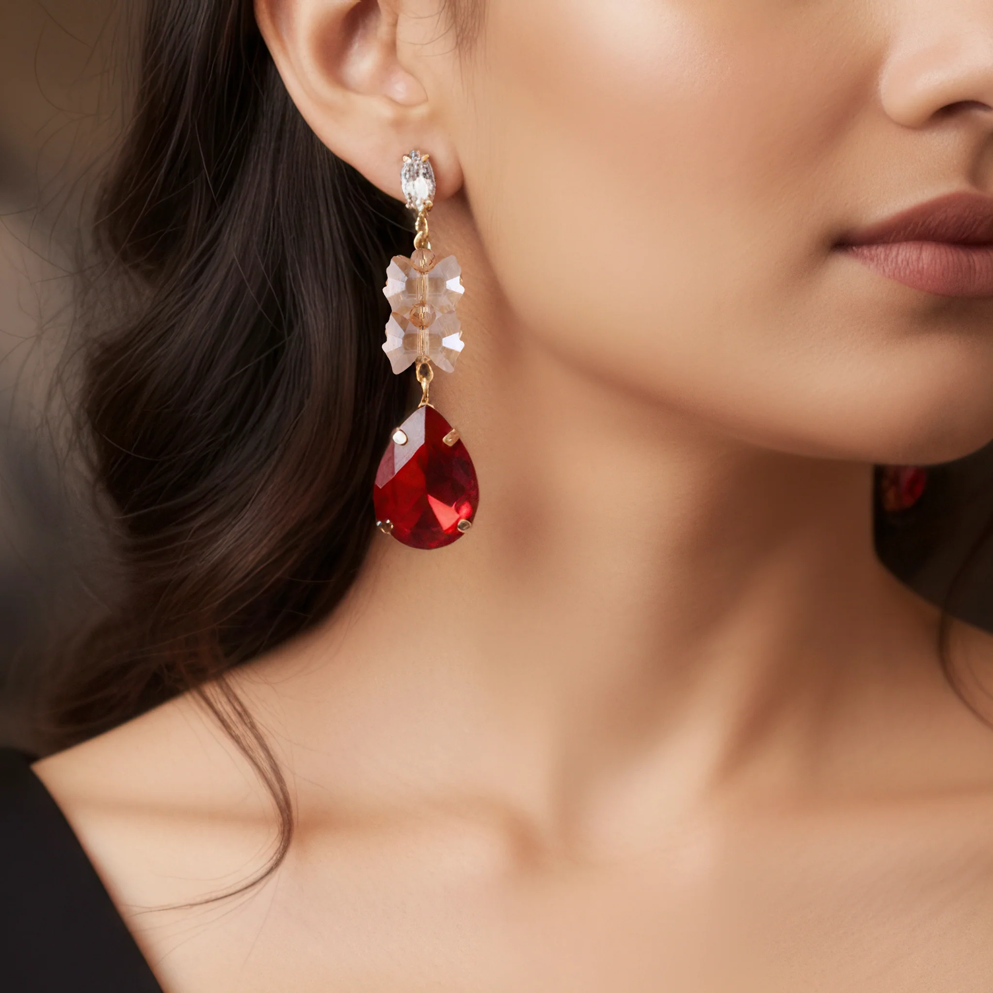 PRAO Earrings Anti-Tarnish Bow-Tie Bead With Drop Crystal Danglers - Image 3