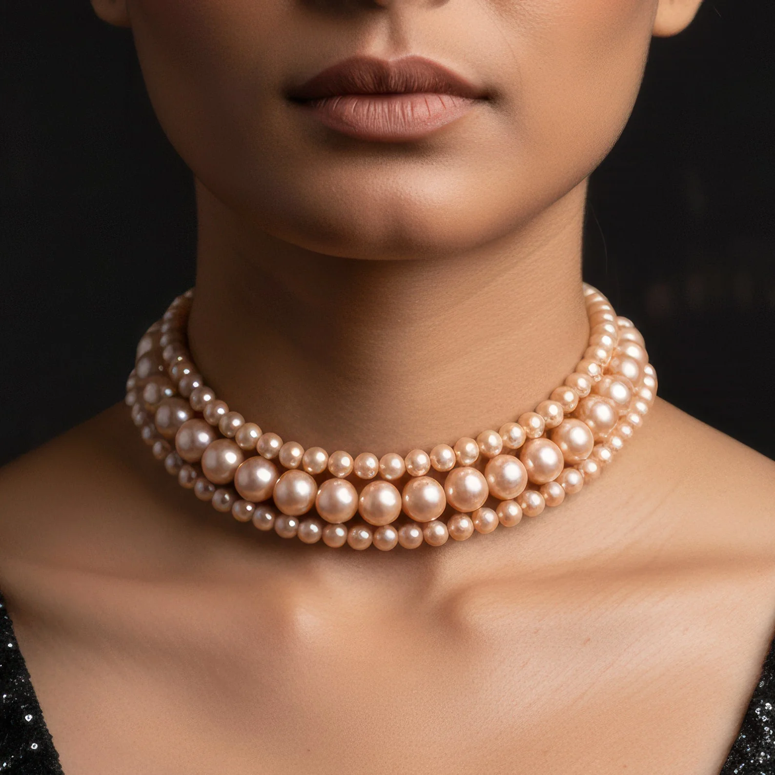 PRAO Necklace Triple Layer Golden Brown Pearl Choker - Image 2