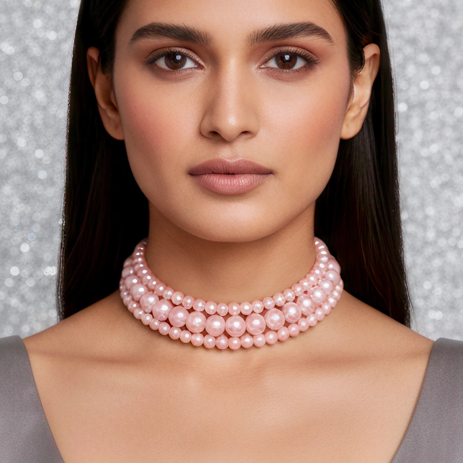 PRAO Necklace Triple Layer Rose Pink Pearl Choker - Image 2