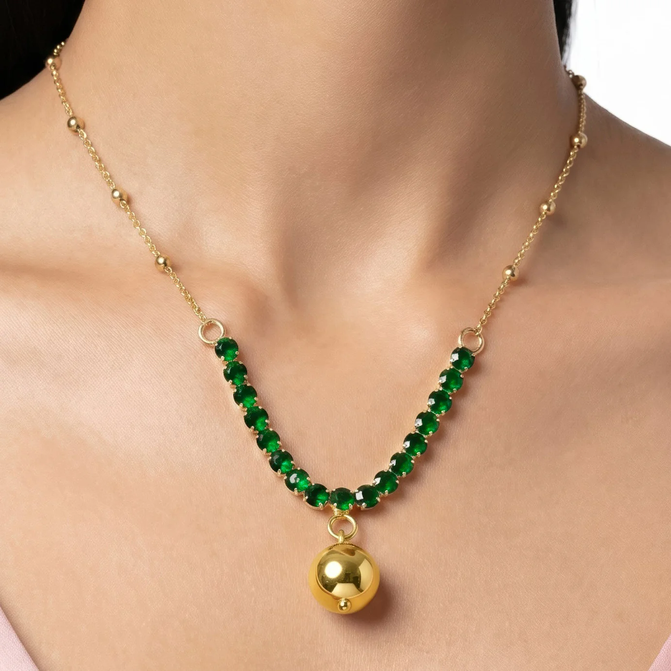 PRAO Necklace Anti-Tarnish Emerald Ball Pendant