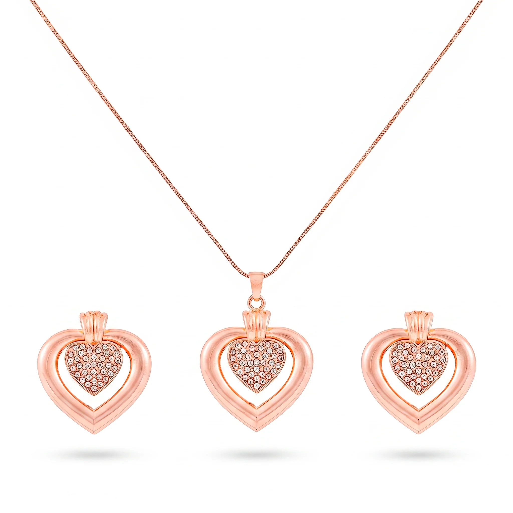 PRAO Necklace Anti-Tarnish Double Studded Heart Pendant Set With Earrings - Image 2