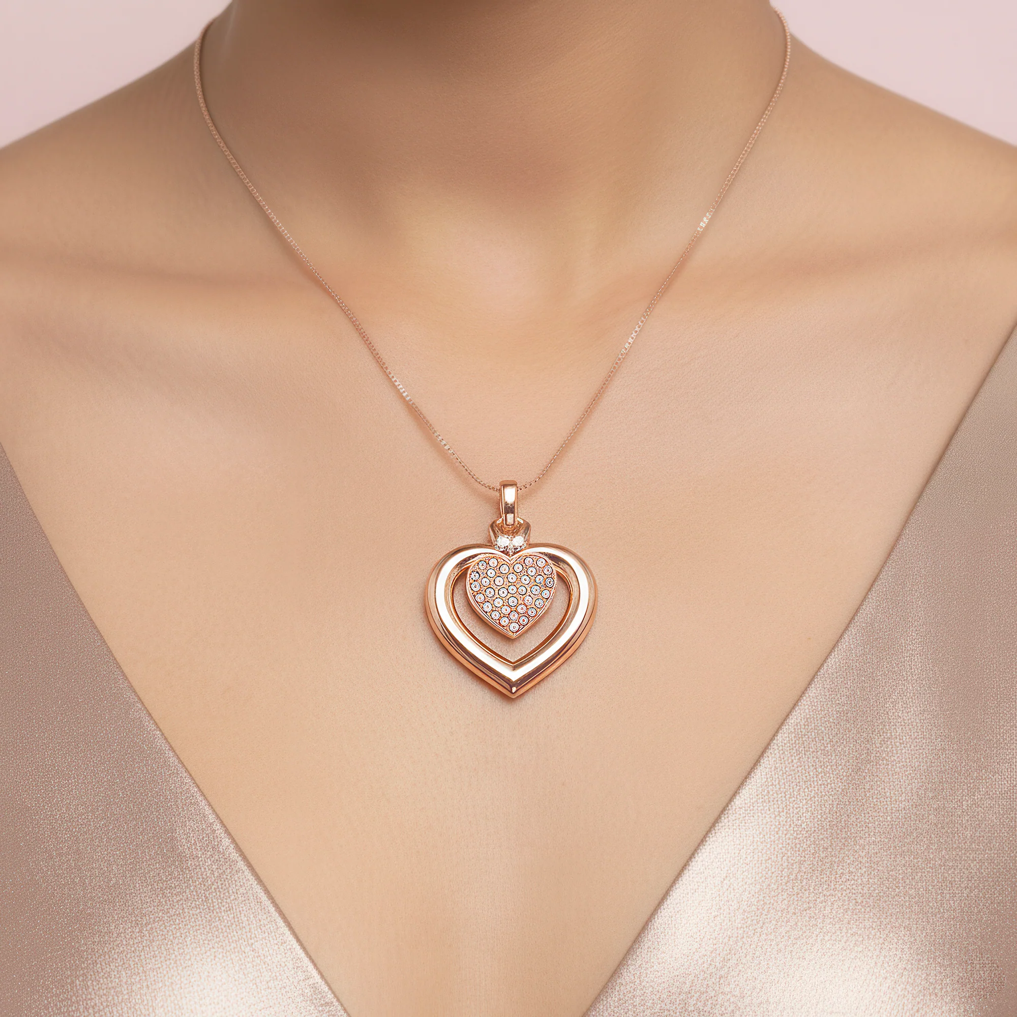 PRAO Necklace Anti-Tarnish Double Studded Heart Pendant Set With Earrings - Image 3