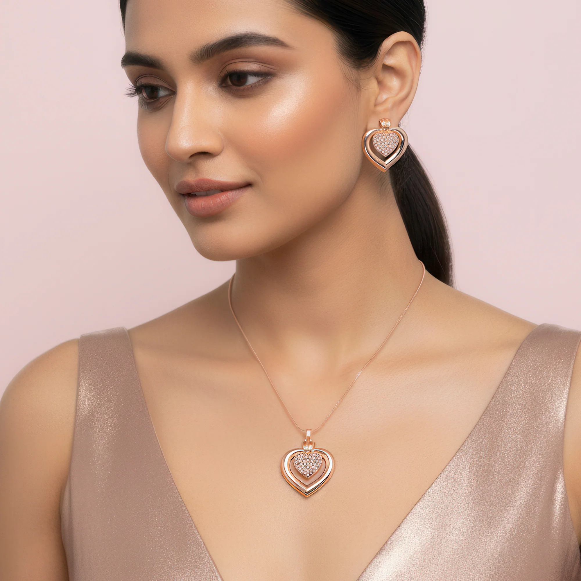PRAO Necklace Anti-Tarnish Double Studded Heart Pendant Set With Earrings - Image 5