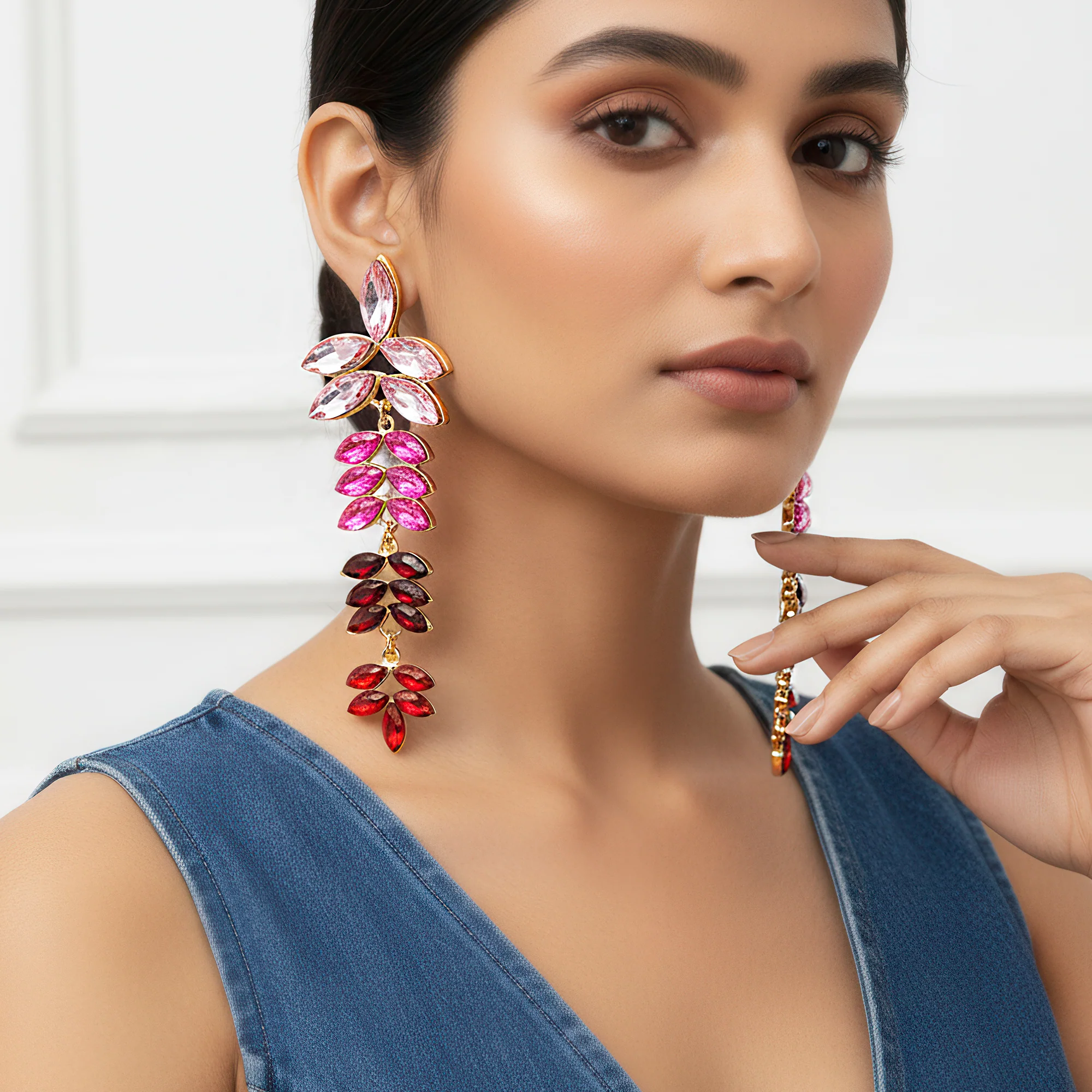 PRAO Earrings Anti-Tarnish Leafy Long Multicoloured Lightweight Crystal Danglers - Image 3