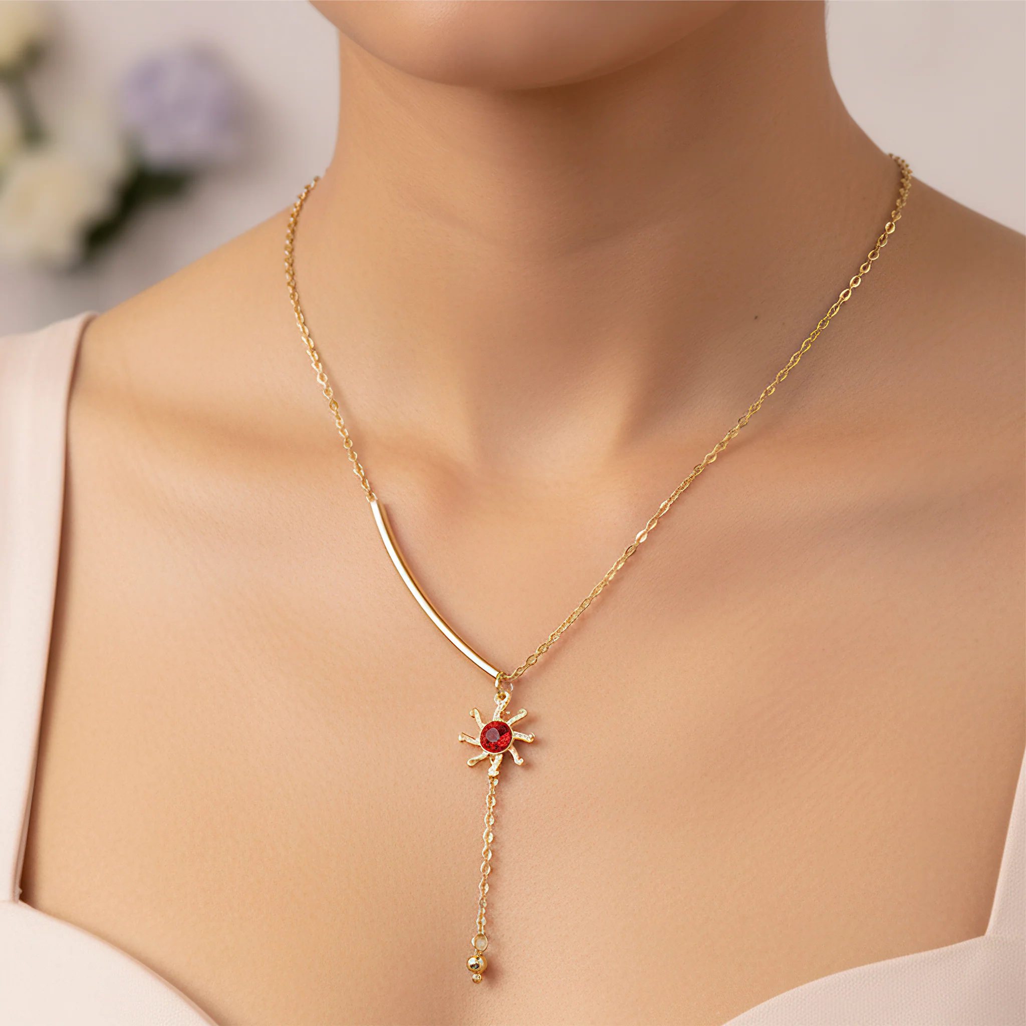 PRAO Necklace Anti-Tarnish Miniature Crystal Studded Sun Pendant Set With Earrings