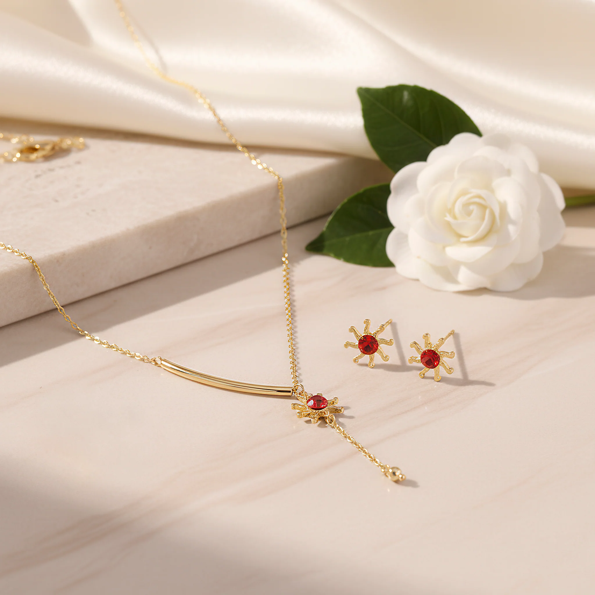 PRAO Necklace Anti-Tarnish Miniature Crystal Studded Sun Pendant Set With Earrings - Image 3