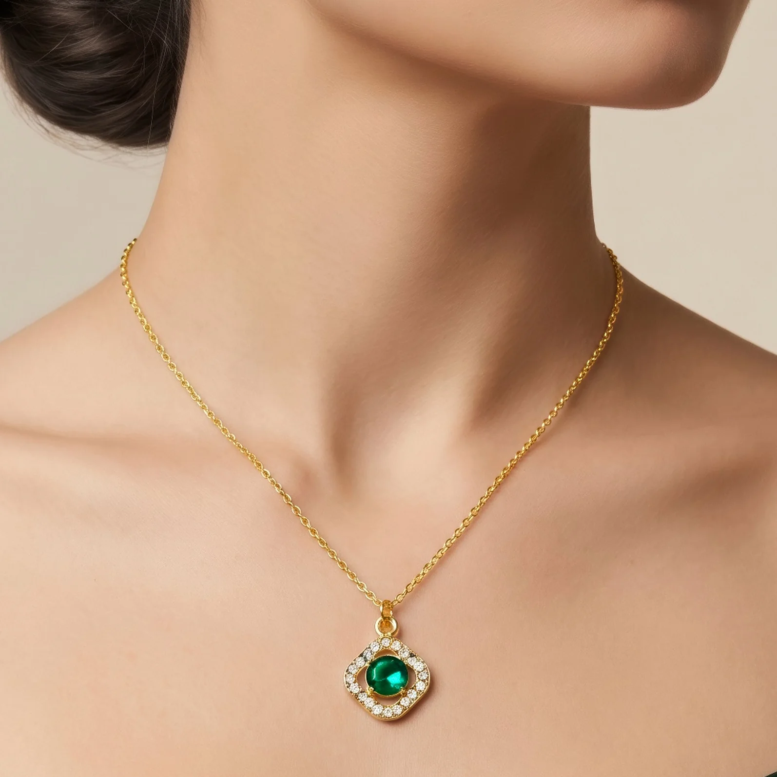 PRAO Necklace Anti-Tarnish Gold Plated Chain With Emerald Green Crystal Pendant