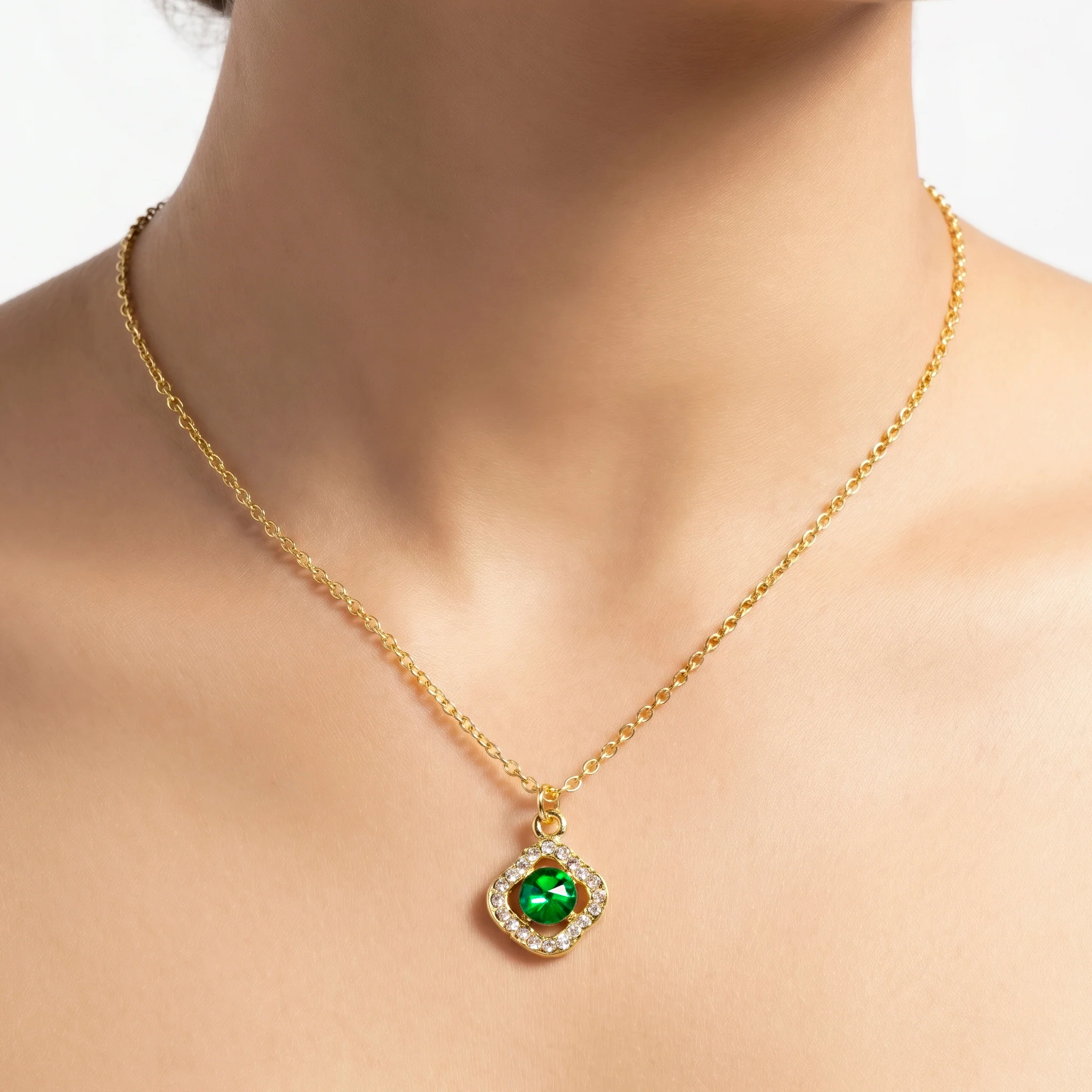 PRAO Necklace Anti-Tarnish Gold Plated Chain With Emerald Green Crystal Pendant - Image 3