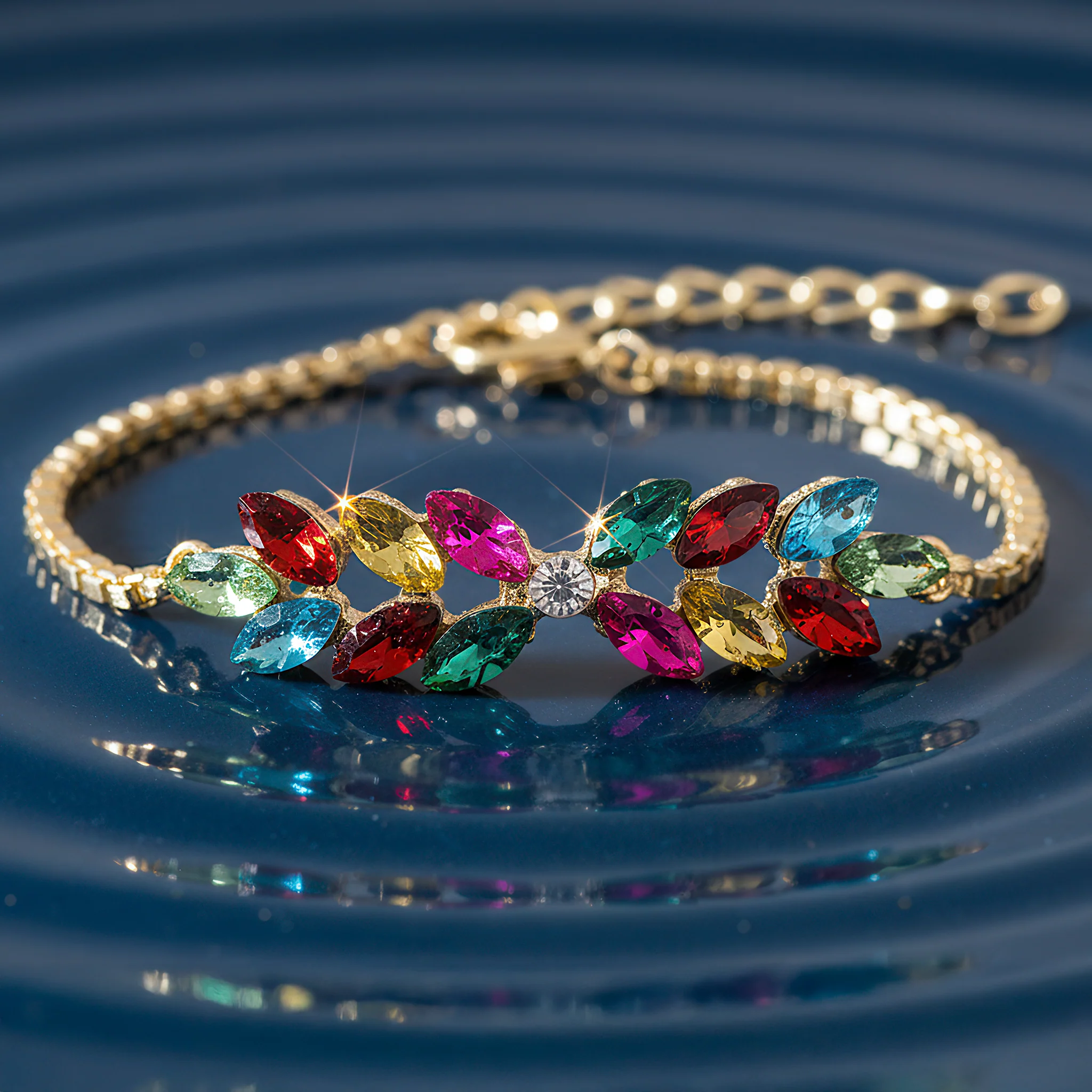PRAO Bracelet Anti-Tarnish Multi Crystal Leafy-Style Chain (Adjustable Size) - Image 3