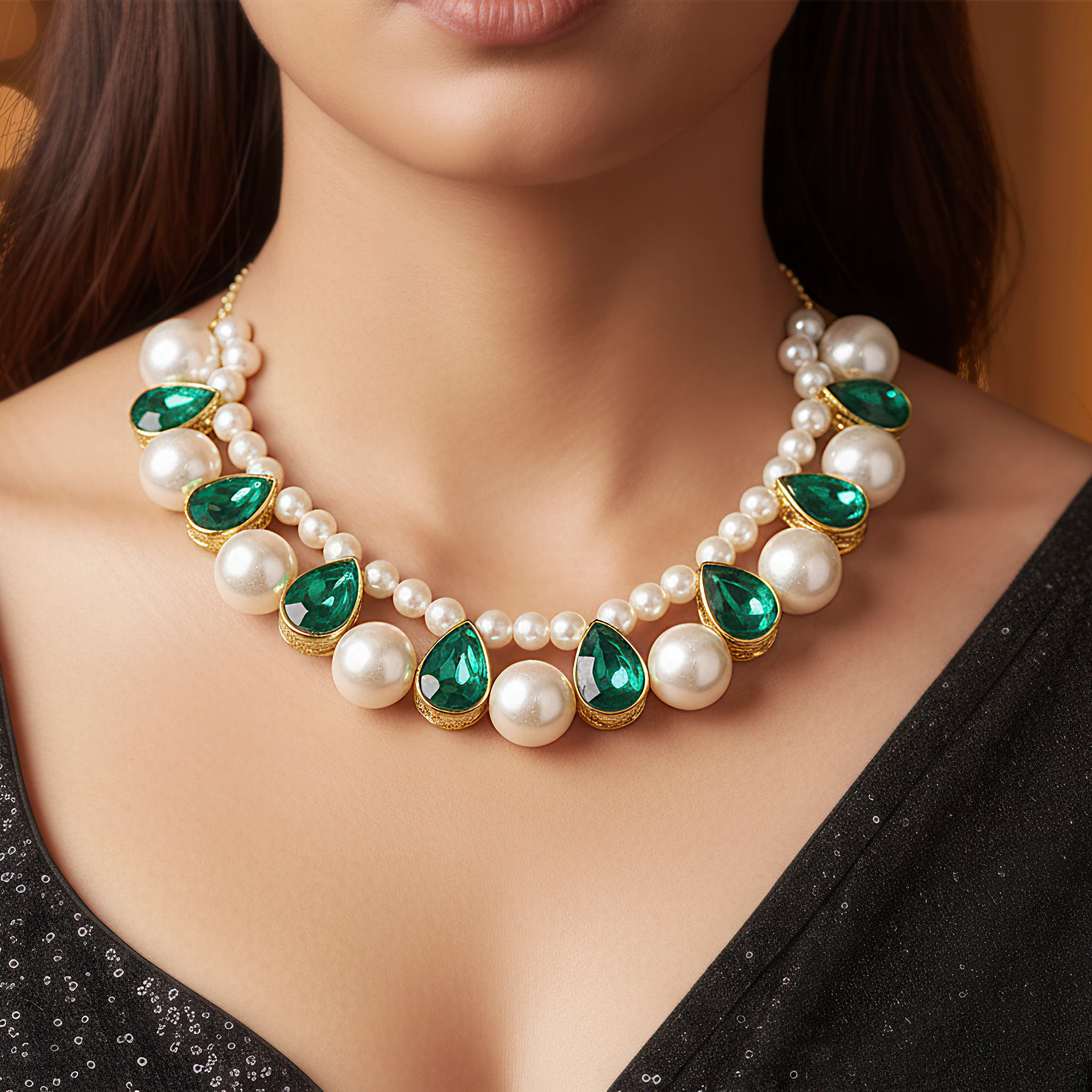 PRAO Necklace Pearl & Emerald Crystal Statement