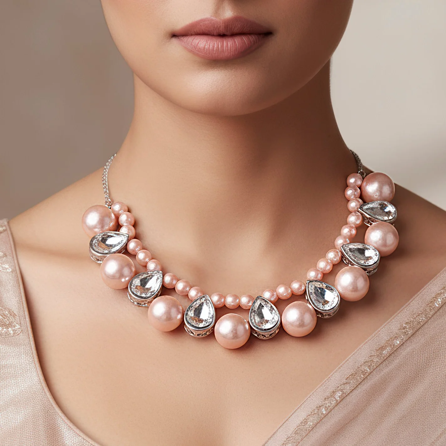 PRAO Necklace Rose Pink Pearl & Crystal Statement