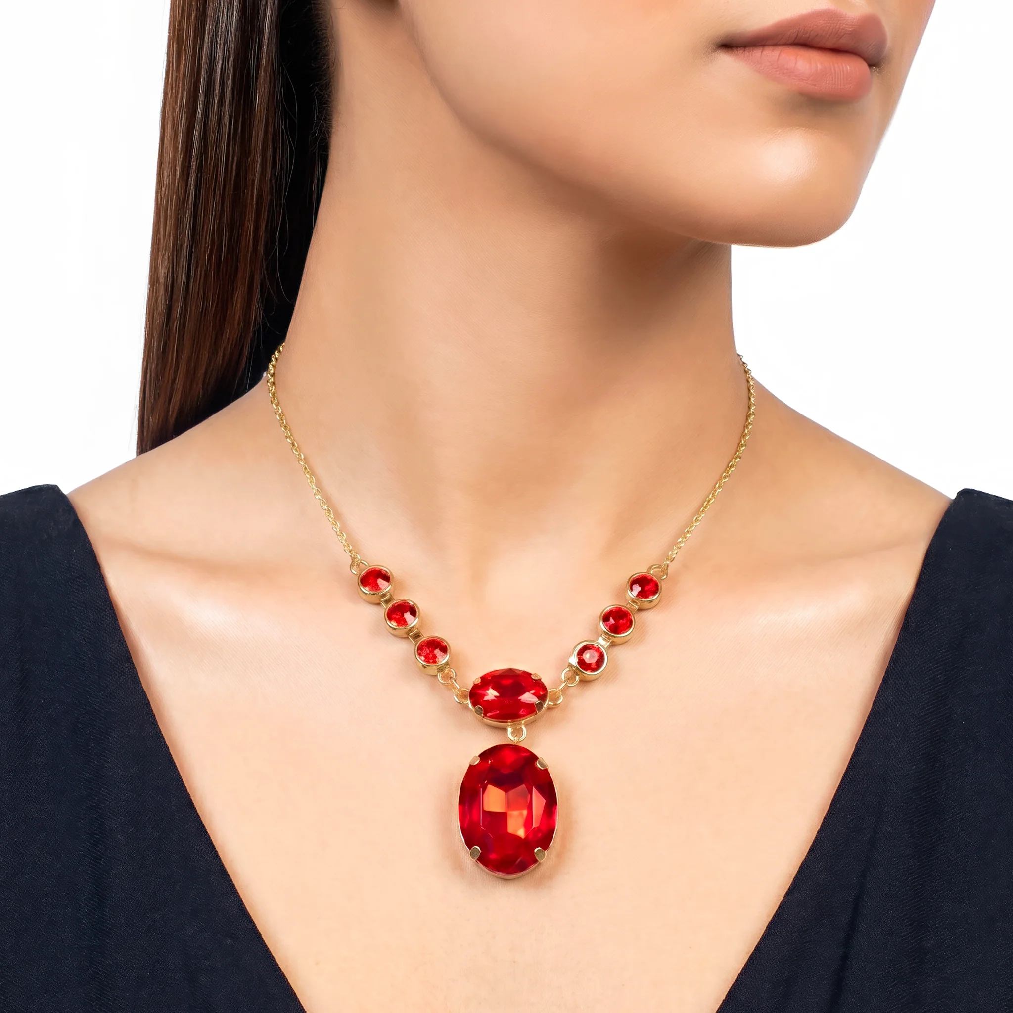 PRAO Necklace Anti-Tarnish Ruby Red Oval Crystal Pendant