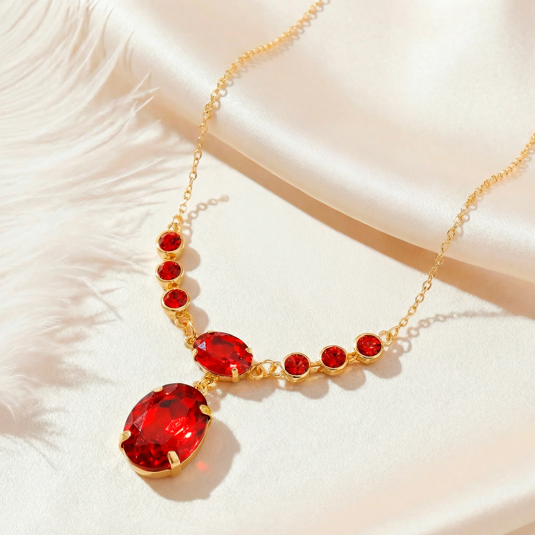 PRAO Necklace Anti-Tarnish Ruby Red Oval Crystal Pendant - Image 4