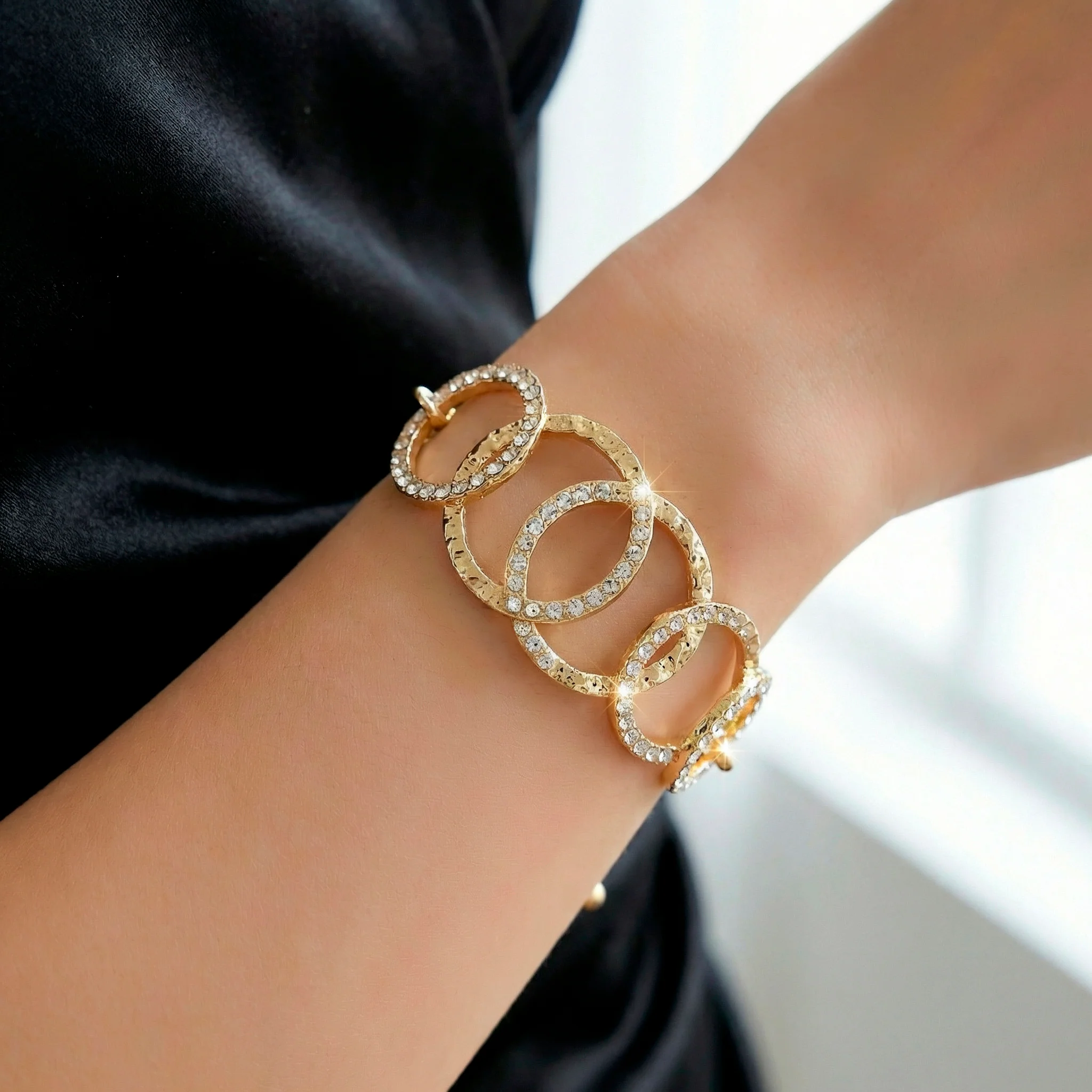 PRAO Bracelet Anti-Tarnish Gold Plated Inter-Linked AD Studded Circles (Adjustable Size) - Image 3