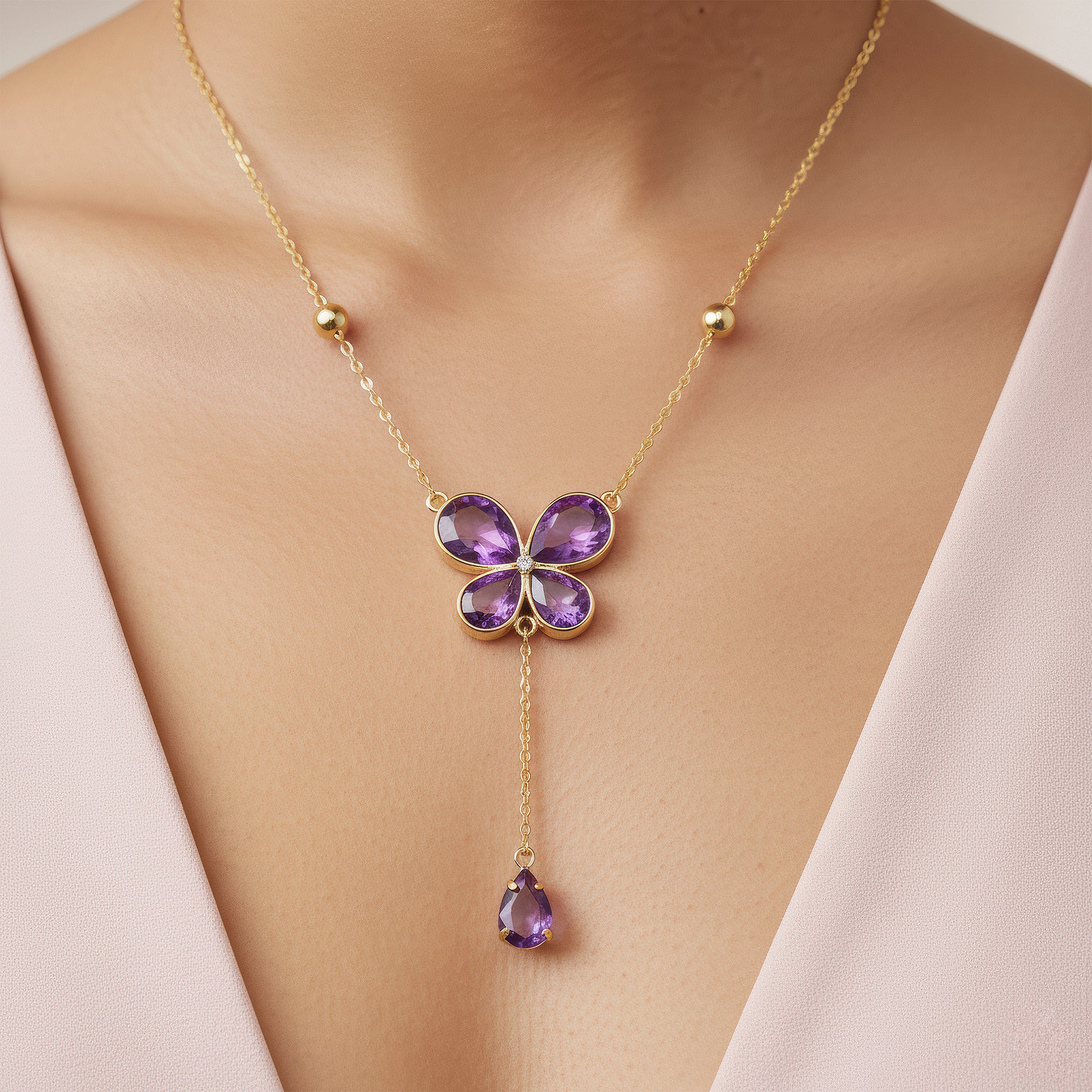 PRAO Necklace Anti-Tarnish Purple Crystal Butterfly Set With Earrings - Image 2