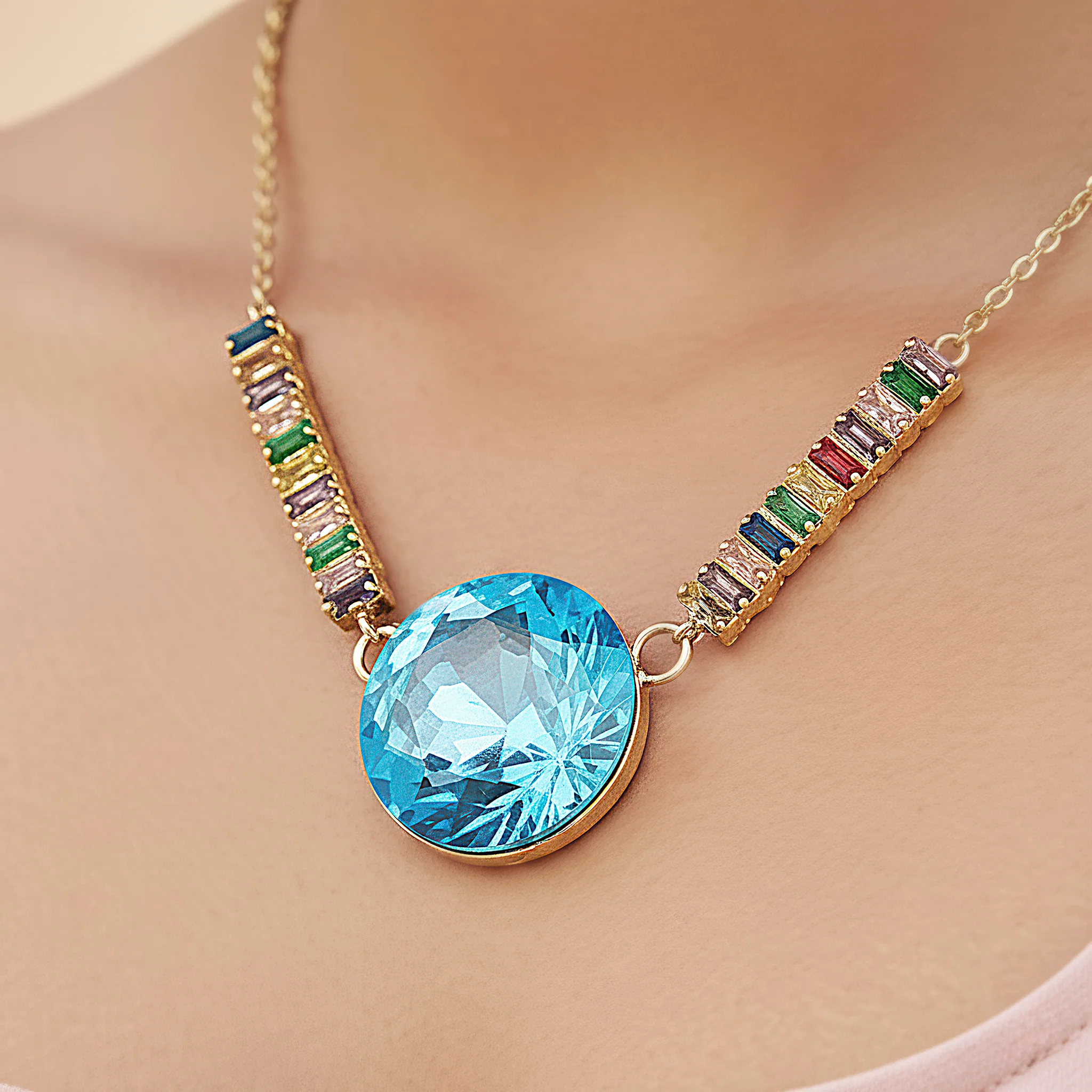PRAO Necklace Anti-Tarnish Multi-Color Baguette Chain & Oversized Round Crystal Pendant - Image 3