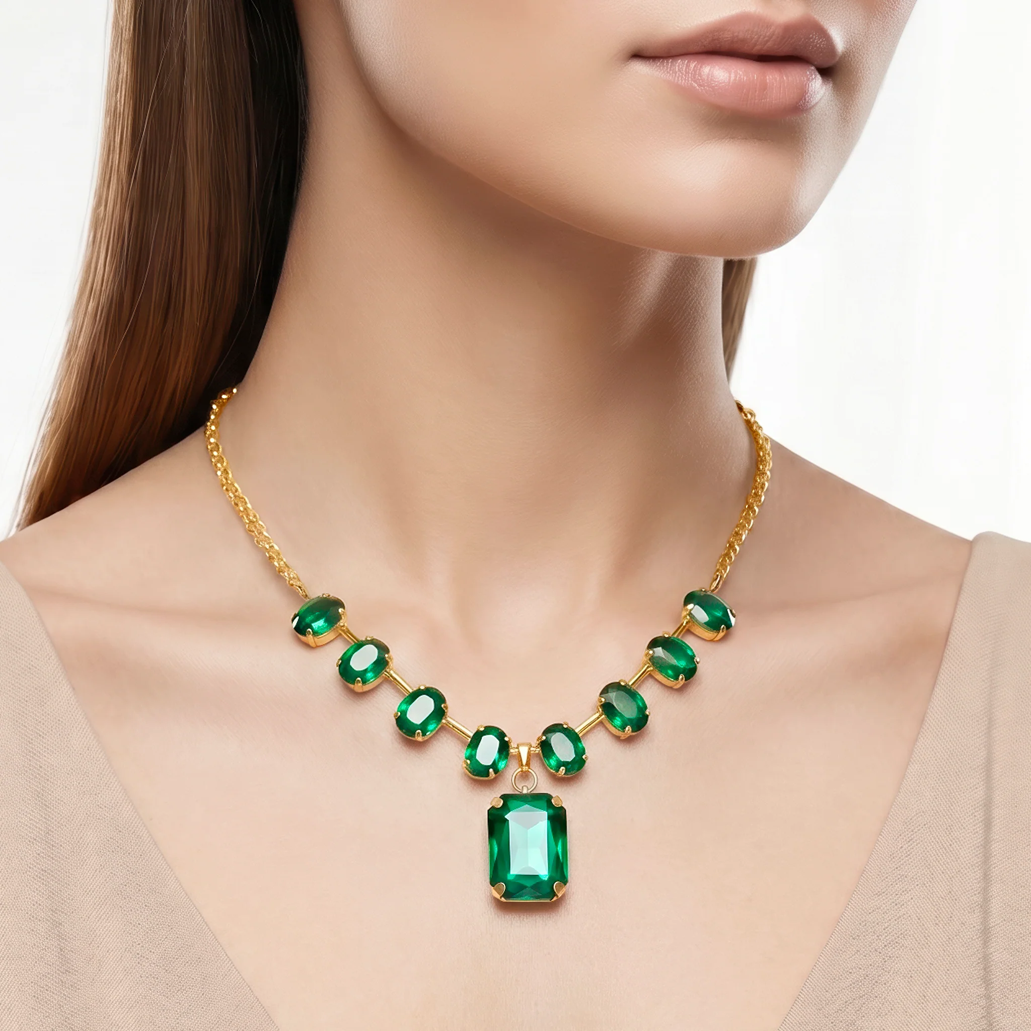 PRAO Necklace Anti-Tarnish Spacer Oval Emerald Crystal With Rectangle Pendant - Image 2