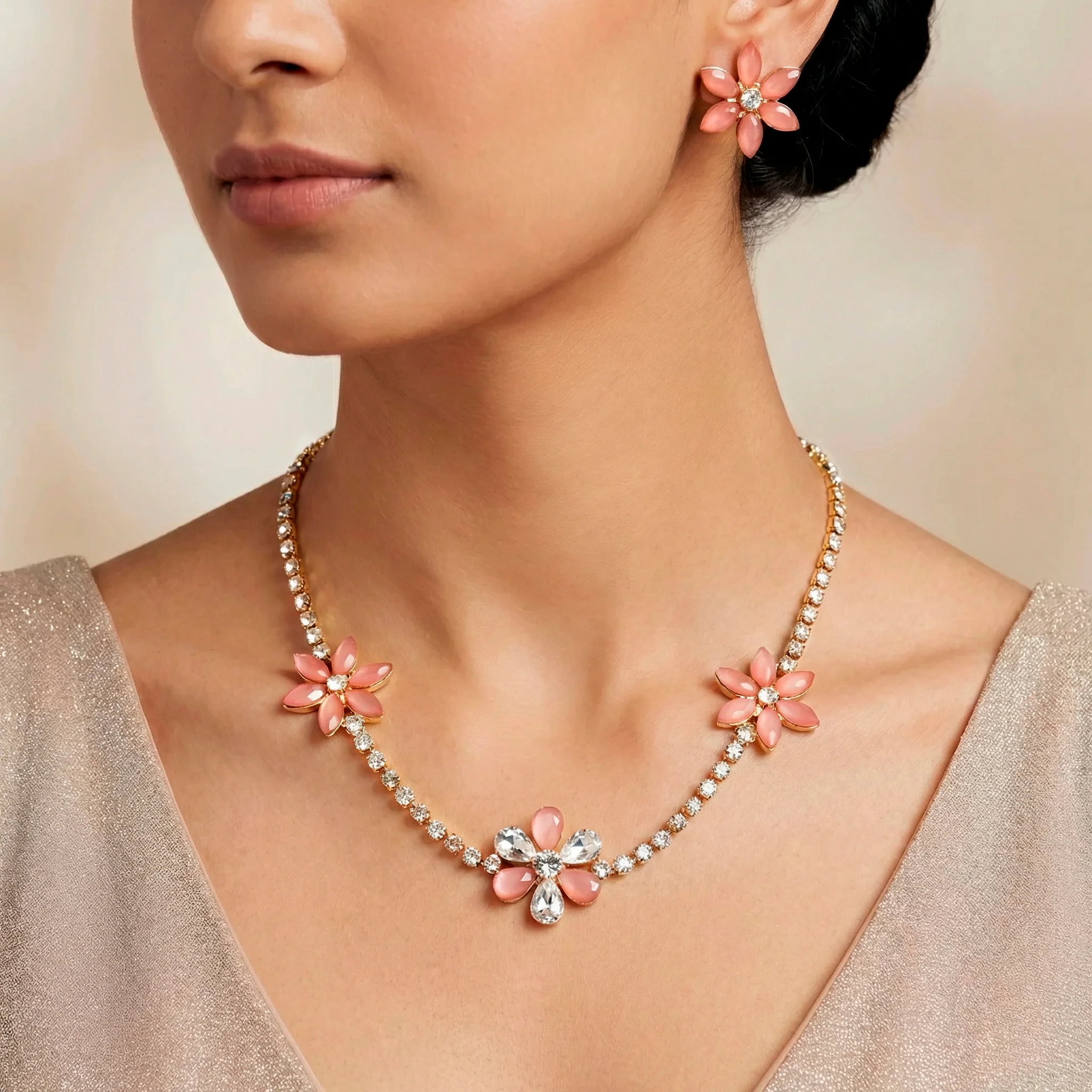 PRAO Necklace Anti-Tarnish Floral Rhinestone Chain Set With Earrings