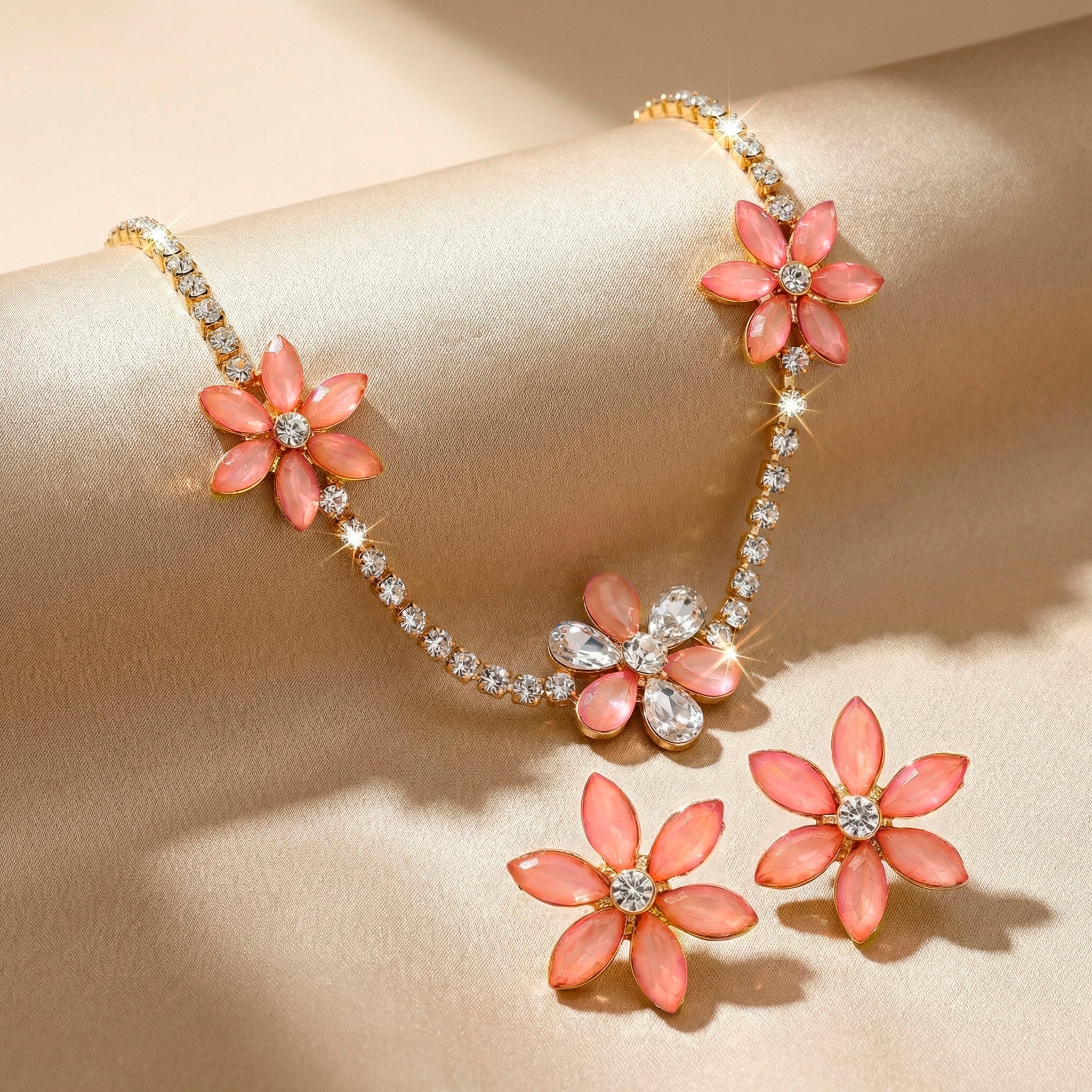 PRAO Necklace Anti-Tarnish Floral Rhinestone Chain Set With Earrings - Image 6