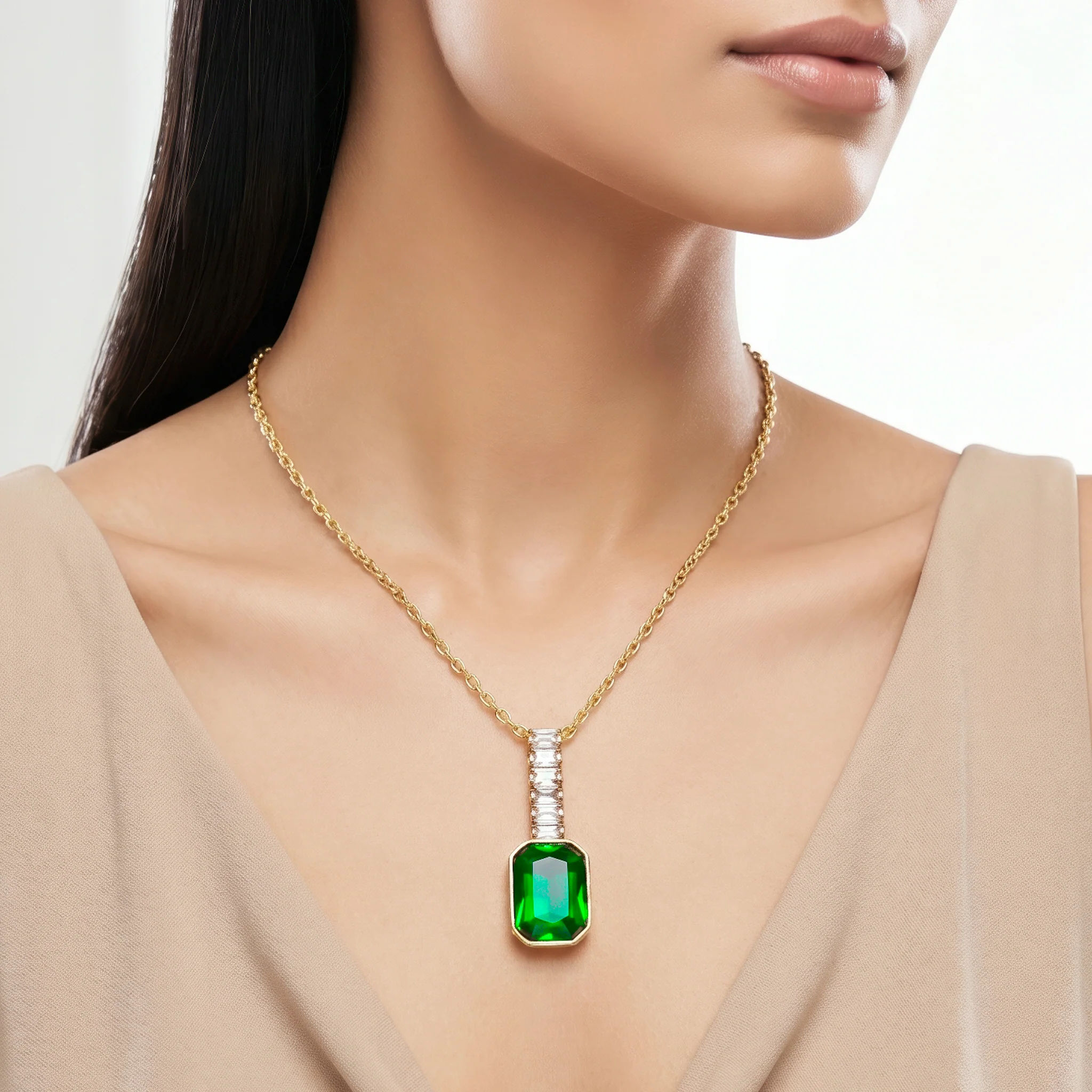 PRAO Necklace Anti-Tarnish Baguette Chain & Emerald Crystal Pendant