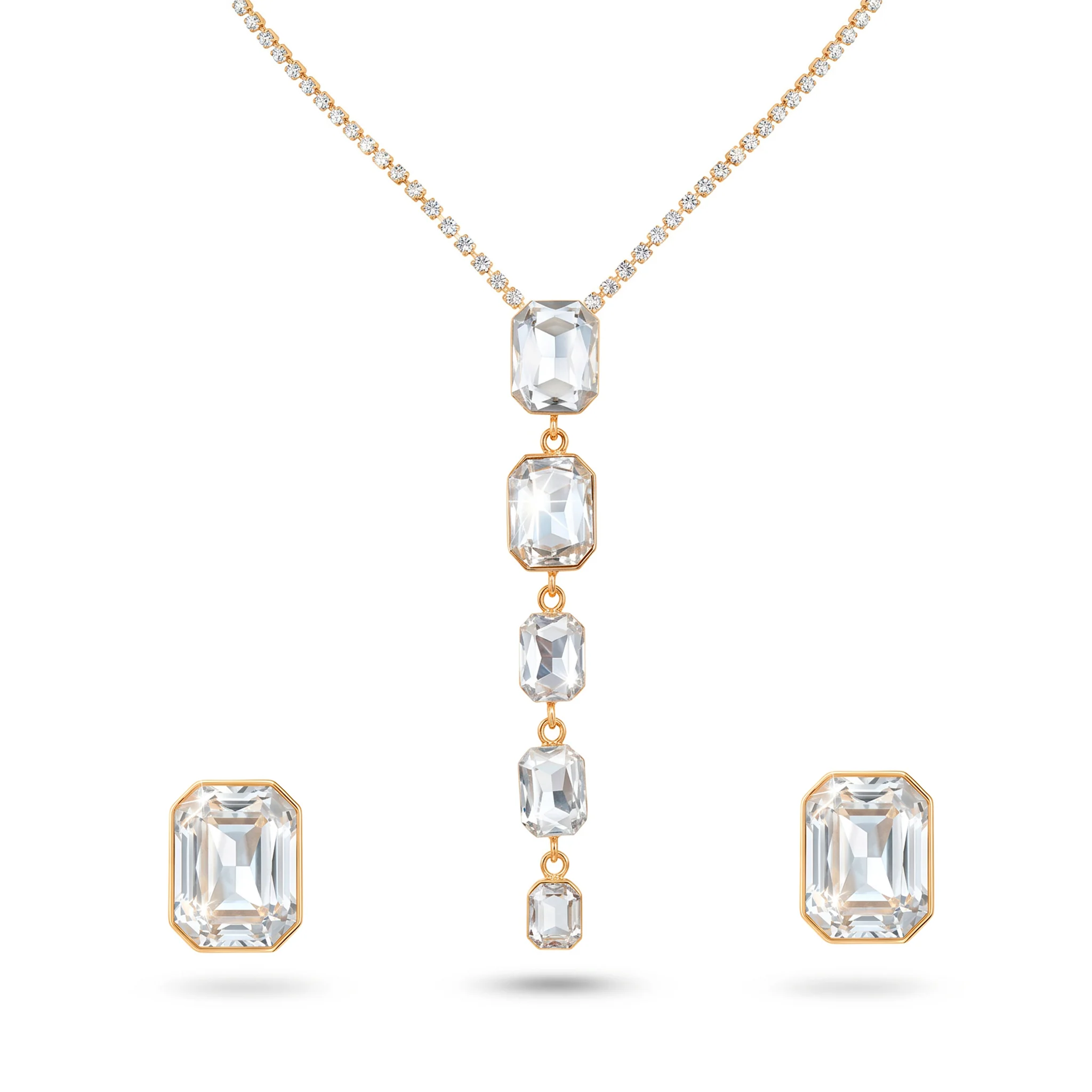 PRAO Necklace Anti-Tarnish Long Crystal Pendant Set With Earrings