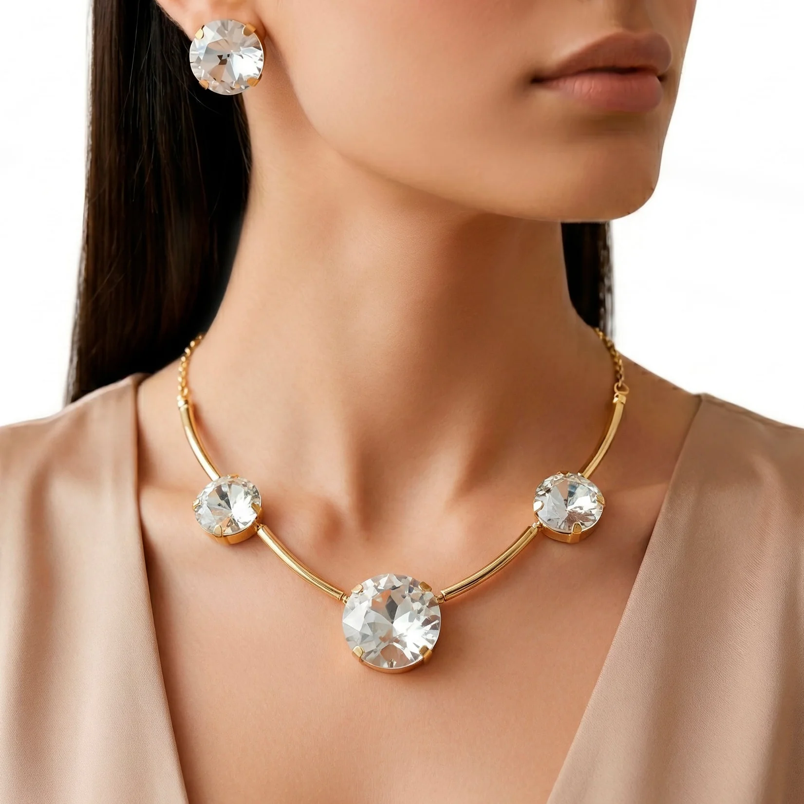 PRAO Necklace Anti-Tarnish Round Crystal Spaced Set With Earrings